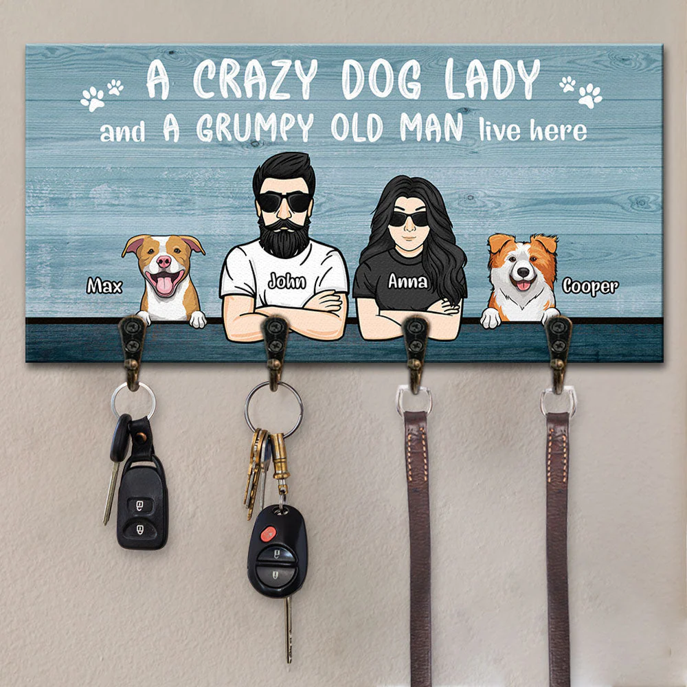 A Crazy Dog Lady And A Grumpy Old Man Live Here - Personalized Key Hanger, Key Holder - Anniversary Gifts, Gift For Couples, Husband Wife , Dog Lovers - Image 3