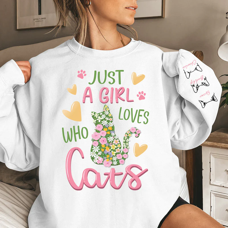 A Girl Who Loves Cats - Cat Personalized Custom Unisex Sweatshirt With Design On Sleeve - Gift For Pet Owners, Pet Lovers - Image 2