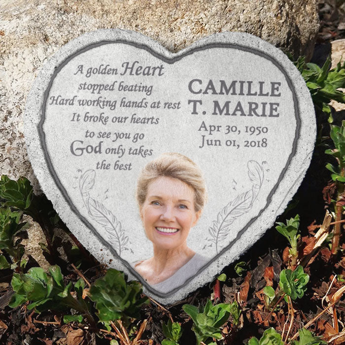 A Golden Heart Stopped Beating Hard Working Hands At Rest - Personalized Memorial Stone, Human Grave Marker - Upload Image, Memorial Gift, Sympathy Gift - Image 2