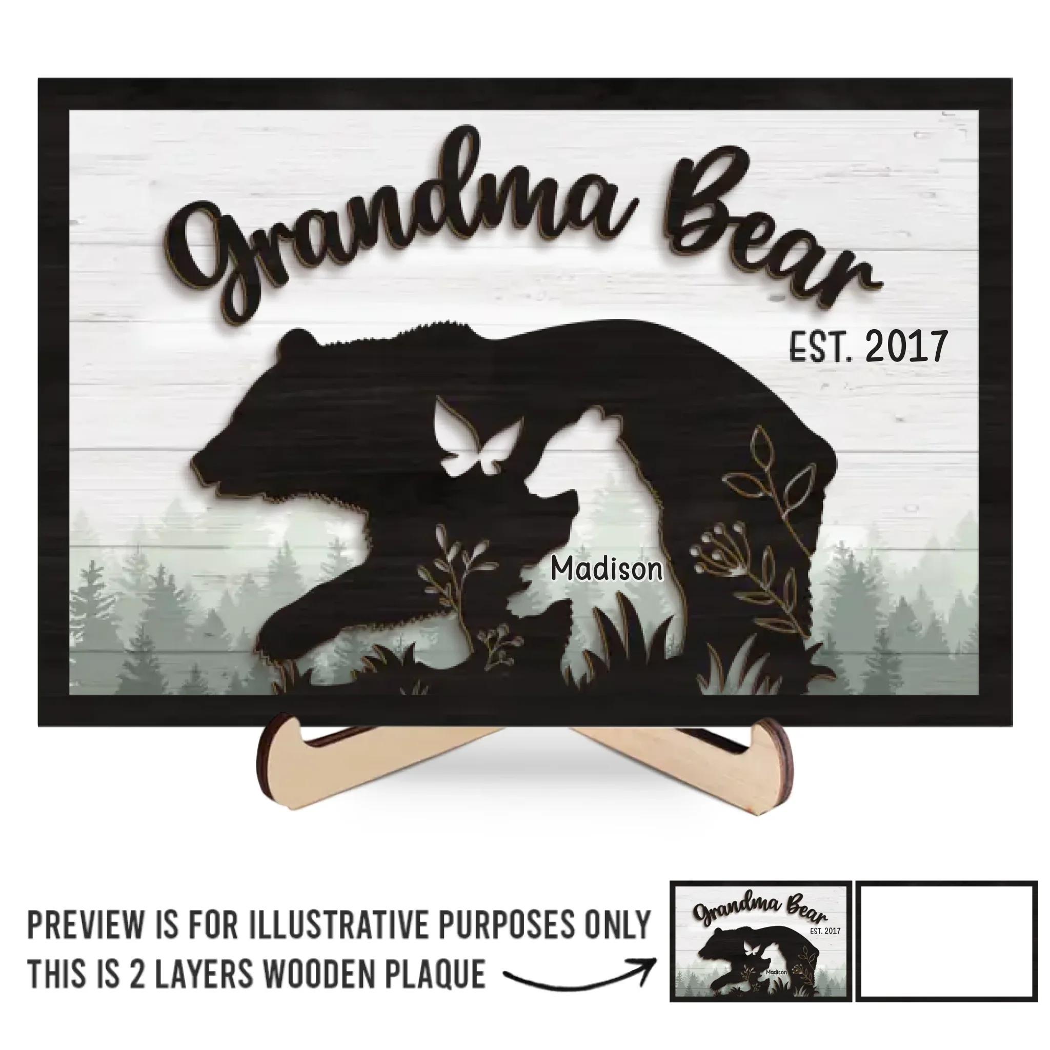 A Mama Bear Loves With Fire And Strength - Family Personalized Custom 2-Layered Wooden Plaque With Stand - Gift For Mom, Grandma - Image 2