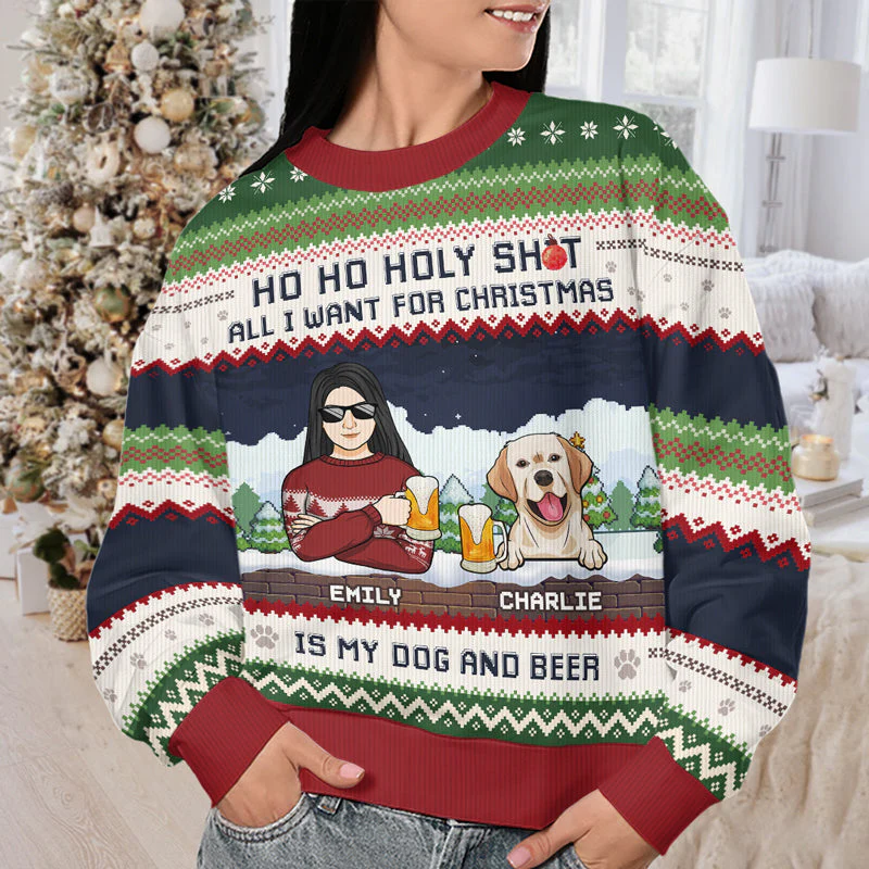 All I Want For Christmas Is My Dog & Beer - Dog Personalized Custom Ugly Sweatshirt - Unisex Wool Jumper - Christmas Gift For Pet Owners, Pet Lovers - Image 3
