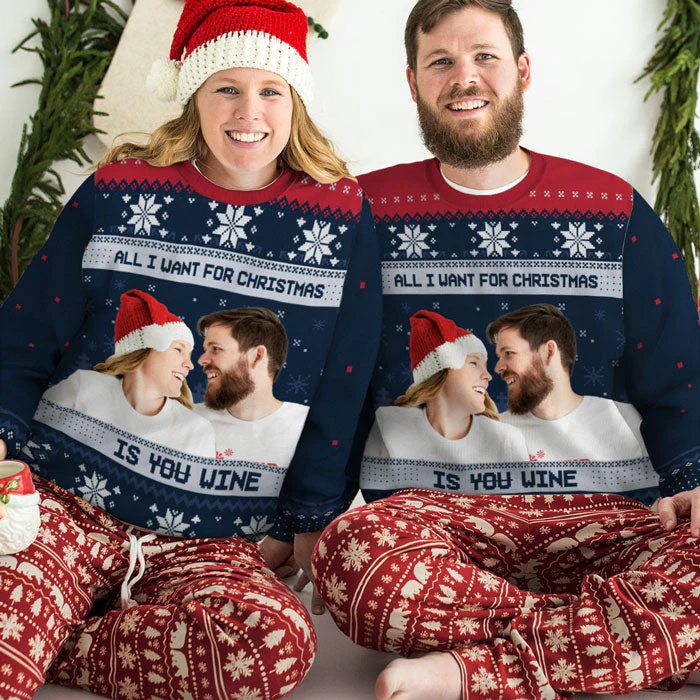 All I Want For Christmas Is Wine - Personalized Custom Unisex Ugly Christmas Sweatshirt, Wool Sweatshirt, All-Over-Print Sweatshirt - Upload Image, Gift For Couple, Husband Wife, Anniversary, Engagement, Wedding, Marriage Gift, Christmas Gift - Image 3