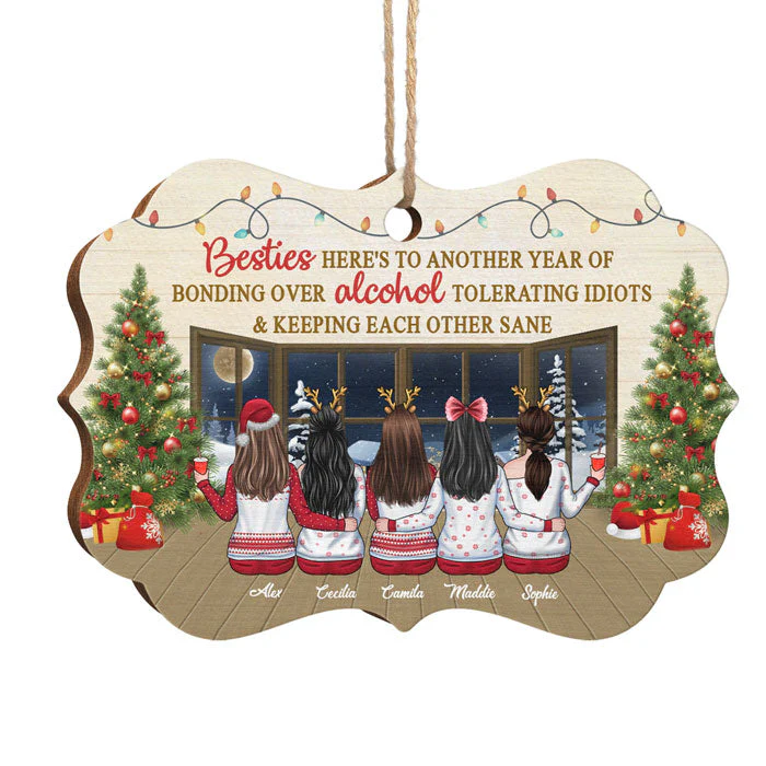 Another Year Of Bonding Over Alcohol - Personalized Custom Benelux Shaped Wood Christmas Ornament - Gift For Bestie, Best Friend, Sister, Birthday Gift For Bestie And Friend, Christmas Gift - Image 2