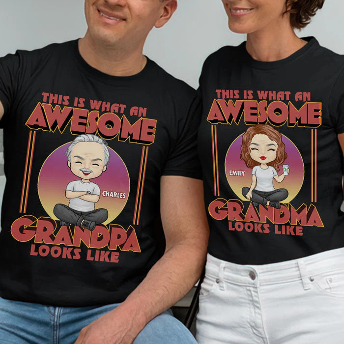 Awesome Grandpa And Grandma - Personalized Matching Couple T-Shirt - Gift For Couple, Husband Wife, Grandparents