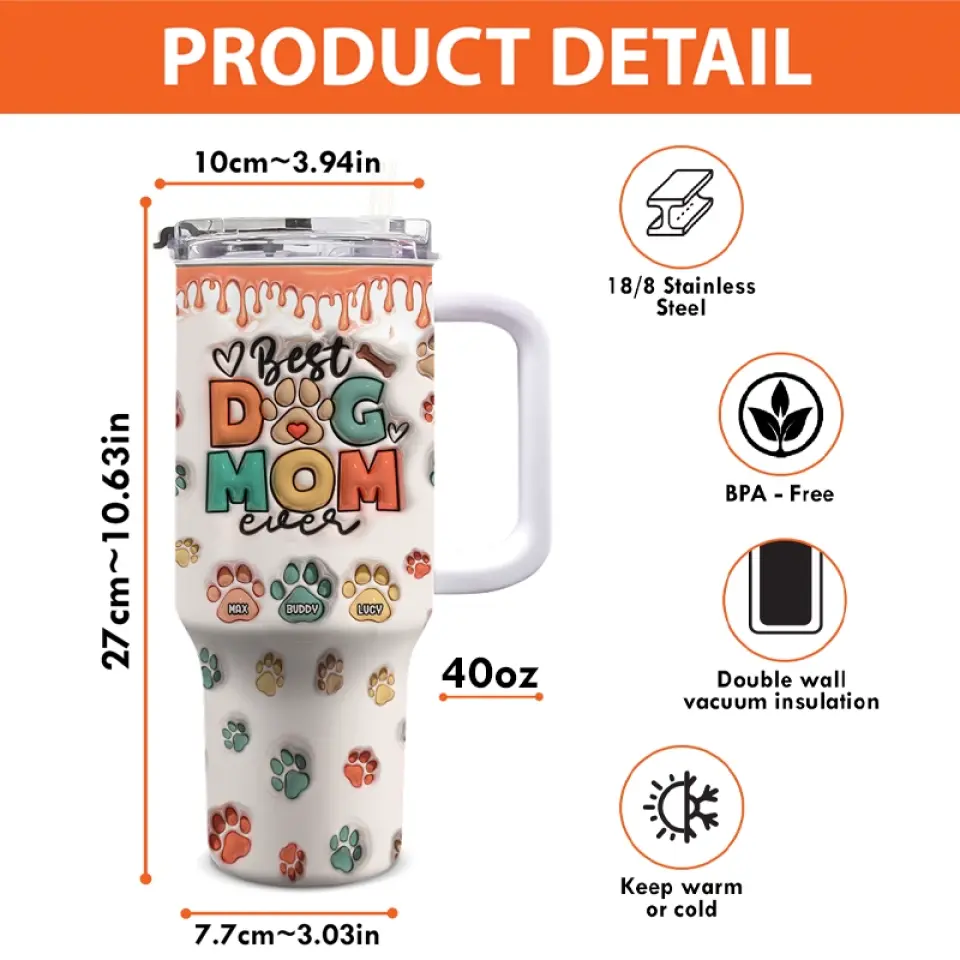 Best Dog Mom Ever - Dog & Cat Personalized Custom 3D Inflated Effect Printed 40 Oz Stainless Steel Tumbler With Handle - Gift For Pet Owners, Pet Lovers - Image 5