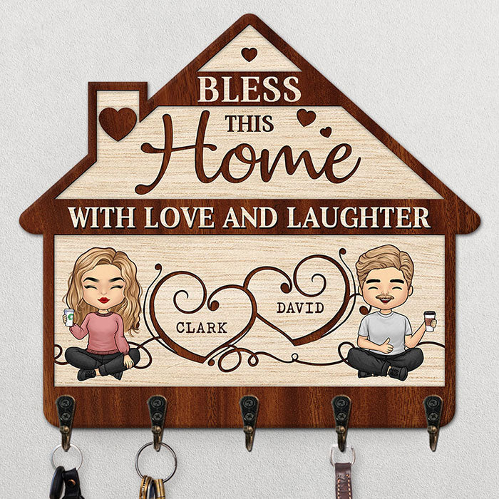 Bless This Home With Love And Laughter - Personalized Key Hanger, Key Holder - Gift For Couple, Husband Wife, Anniversary, Engagement, Wedding, Marriage Gift - Image 2