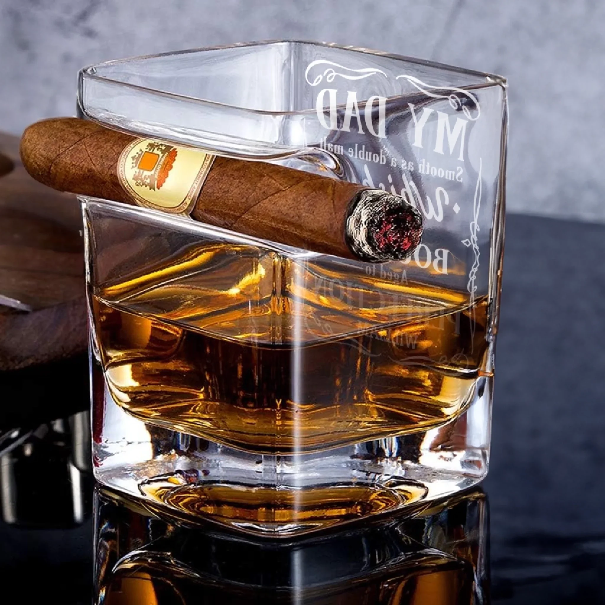 Bourbon’s Got Flavor, But Dad’s Got Soul - Family Personalized Custom Whiskey Glass With Cigarette Holder - Father's Day, Gift For Dad, Grandpa - Image 4