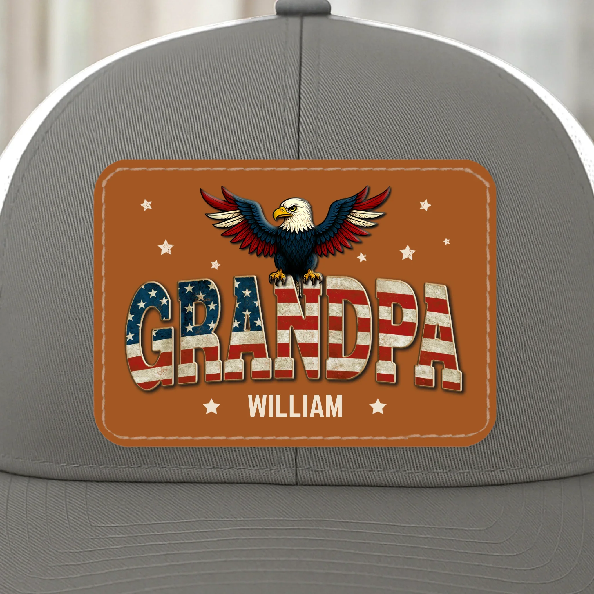Built Like A Rock, Loves Like A Patriot - Family Personalized Custom Leather Patch Mesh Cap - 4th Of July, Gift For Dad, Grandpa - Image 2
