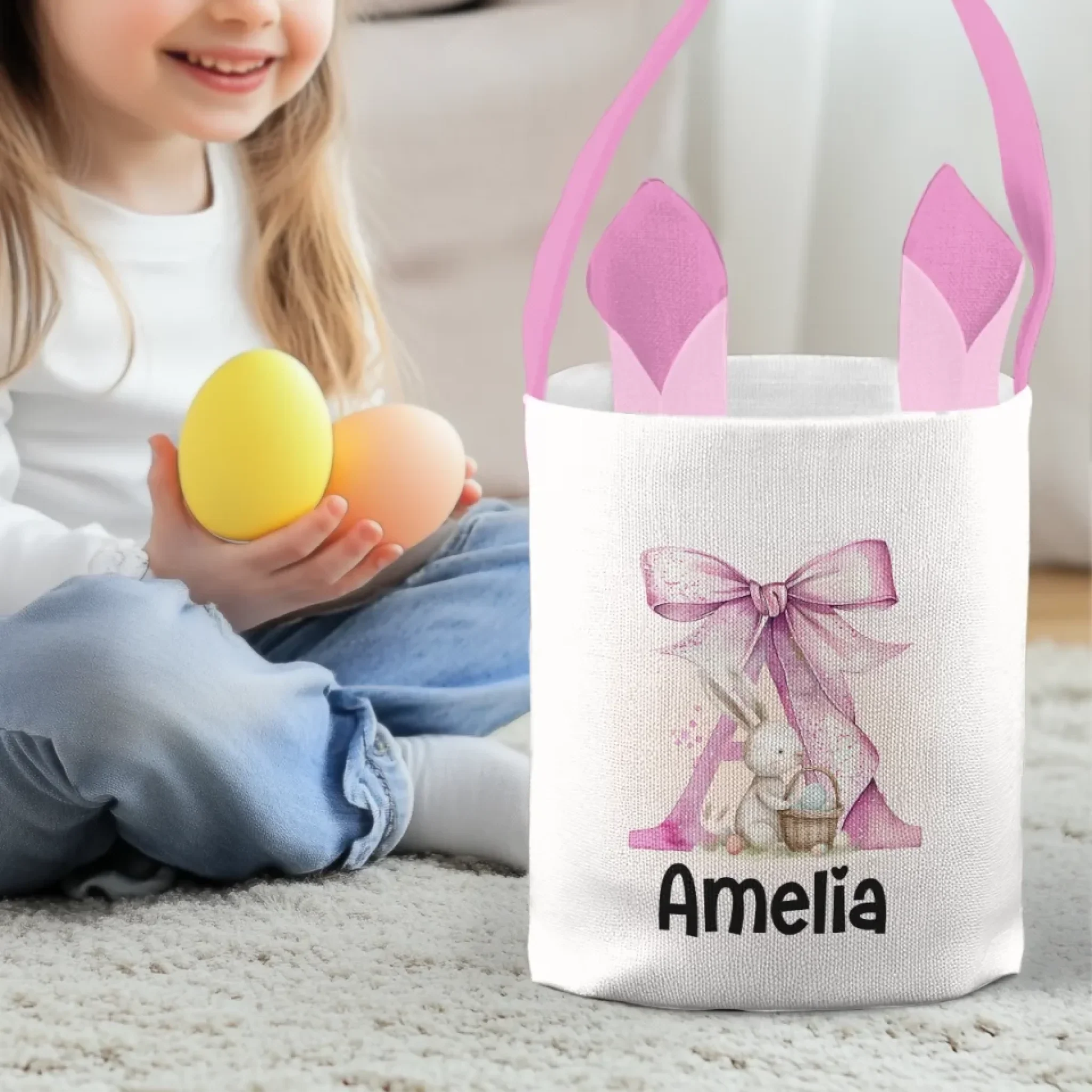 Bunny Kisses And Easter Wishes - Family Personalized Custom Bunny Basket, Tote With Bunny Ears  - Easter Gift For Kids Egg Hunt, Family Members - Image 4