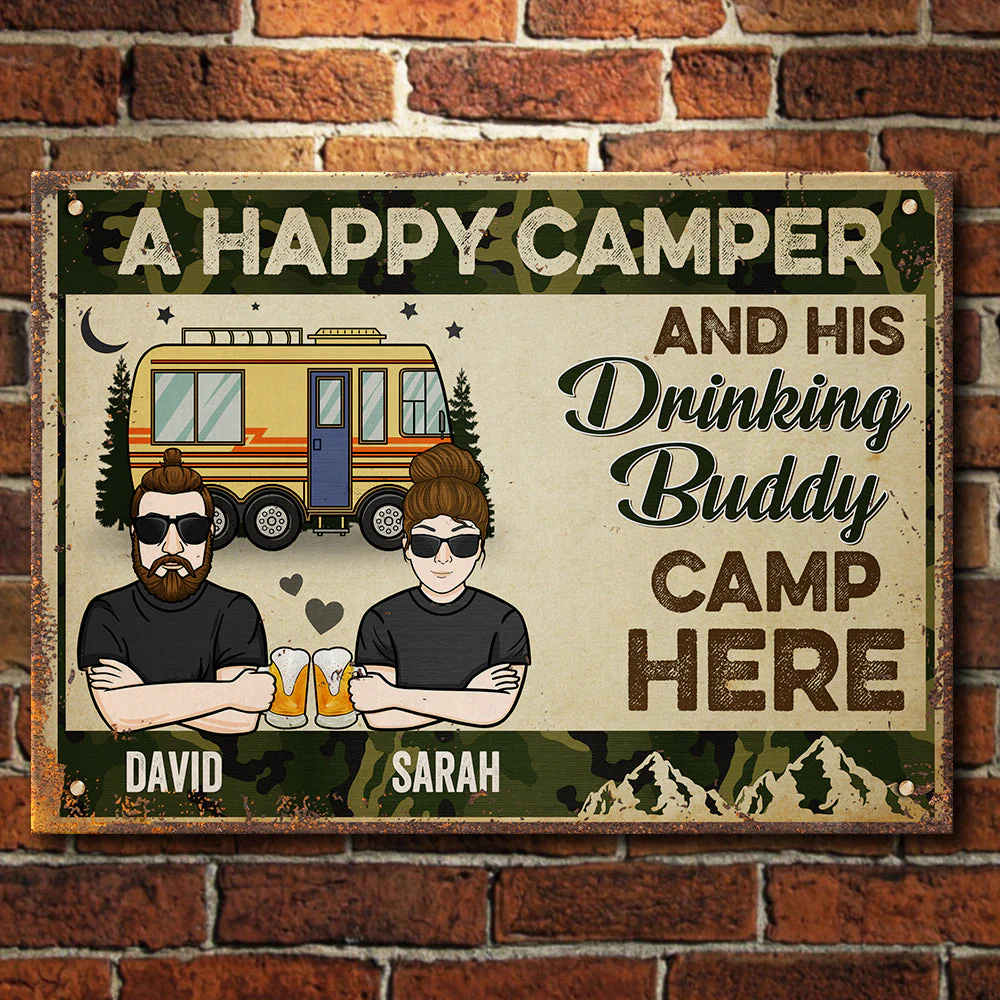 Camping Couple Drinking Buddies - Gift For Camping Couples, Personalized Metal Sign - Image 3