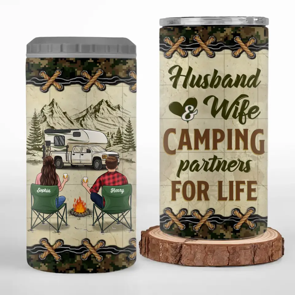 Camping Partners For Life - Camping Personalized Custom 4 In 1 Can Cooler Tumbler - Gift For Couple, Husband Wife, Camping Lovers - Image 2