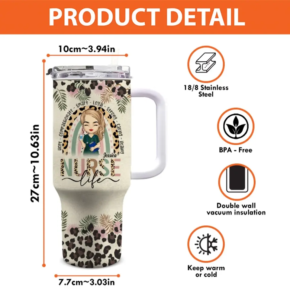 Caring Is The Essence Of Nursing - Nurse Personalized Custom 40 Oz Stainless Steel Tumbler With Handle - Appreciation, Thank You Gift, Nurse Life - Image 4