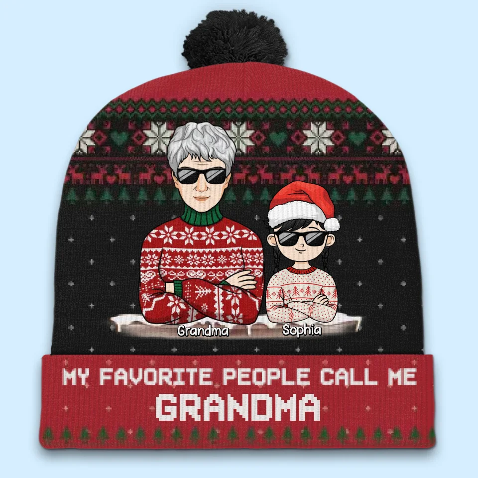 Christmas Is Brighter With Grandma - Family Personalized Custom Christmas Beanie Hat - Christmas Gift For Mom, Grandma - Image 2