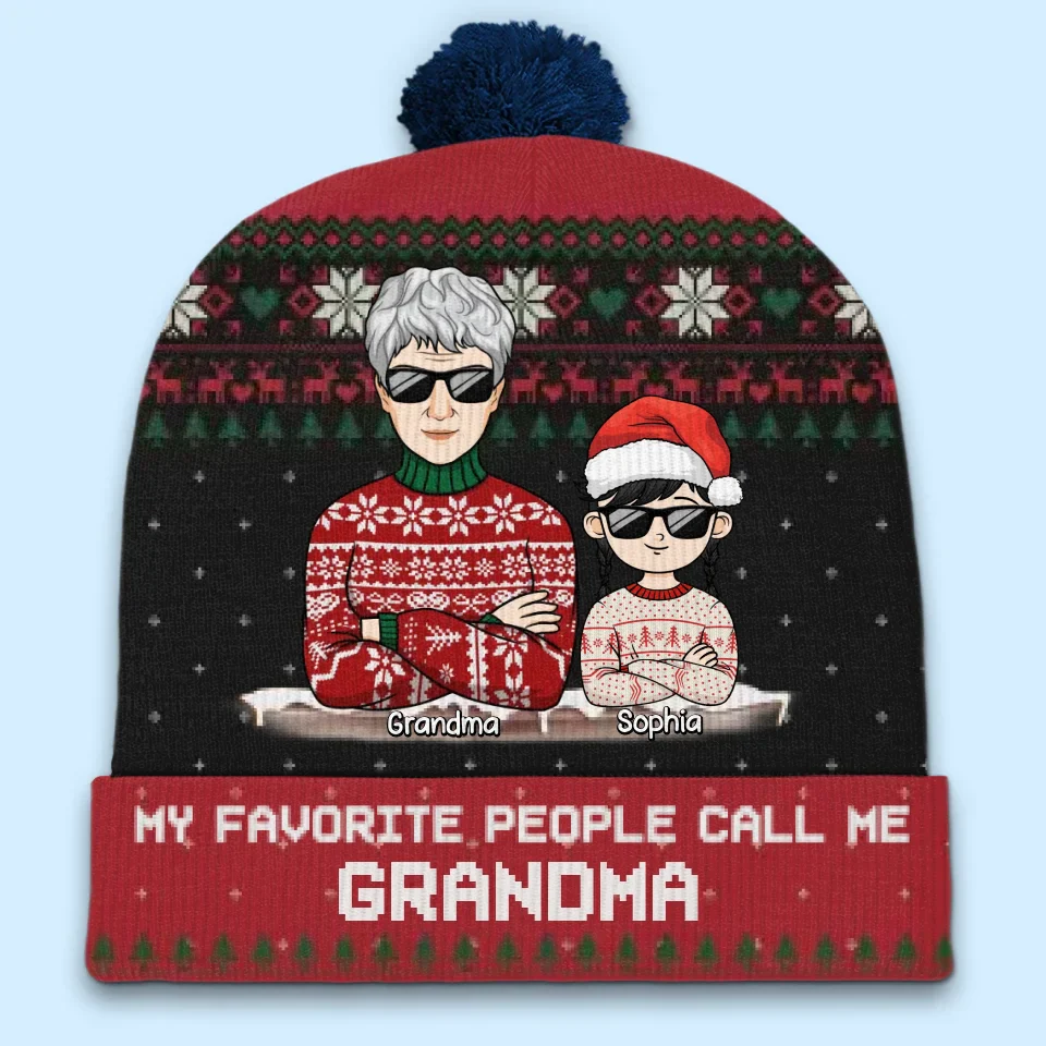 Christmas Is Brighter With Grandma - Family Personalized Custom Christmas Beanie Hat - Christmas Gift For Mom, Grandma - Image 3