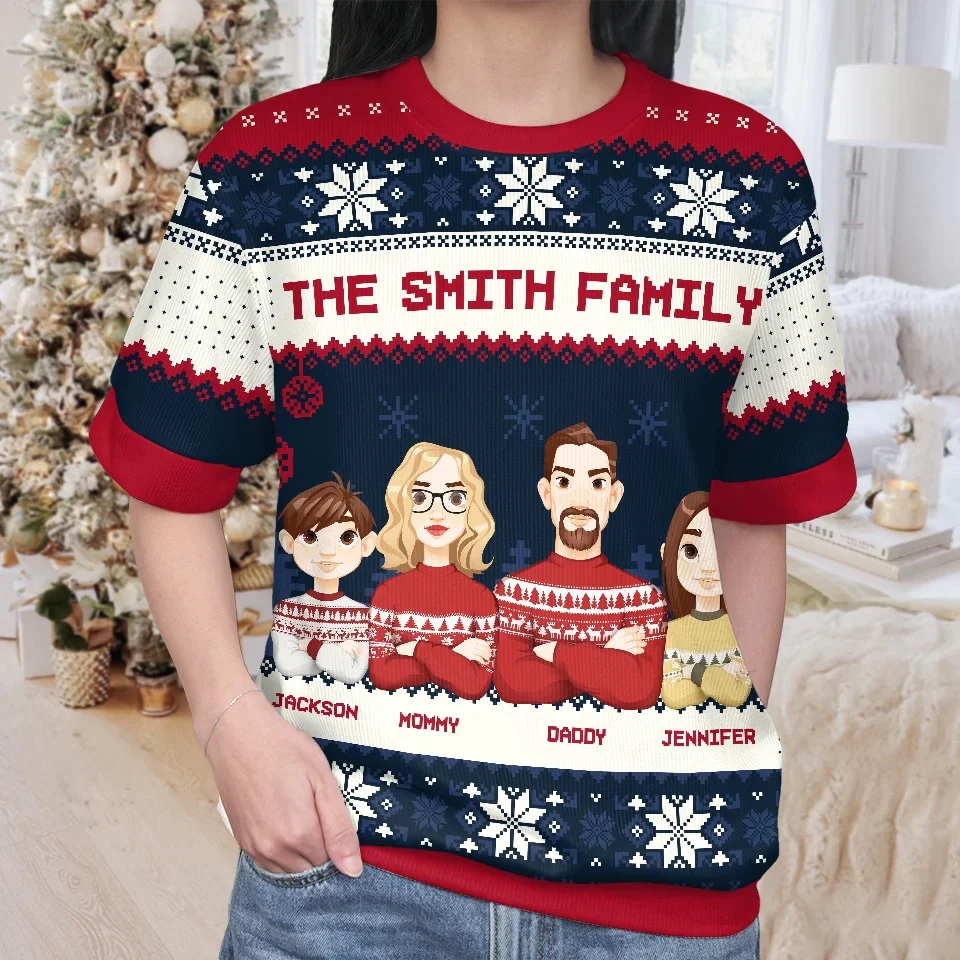 Christmas Means Reconnecting With Family - Family Personalized Custom All Over Print Adult Short Sleeve Sweater - Christmas Gift For Family Members - Image 3