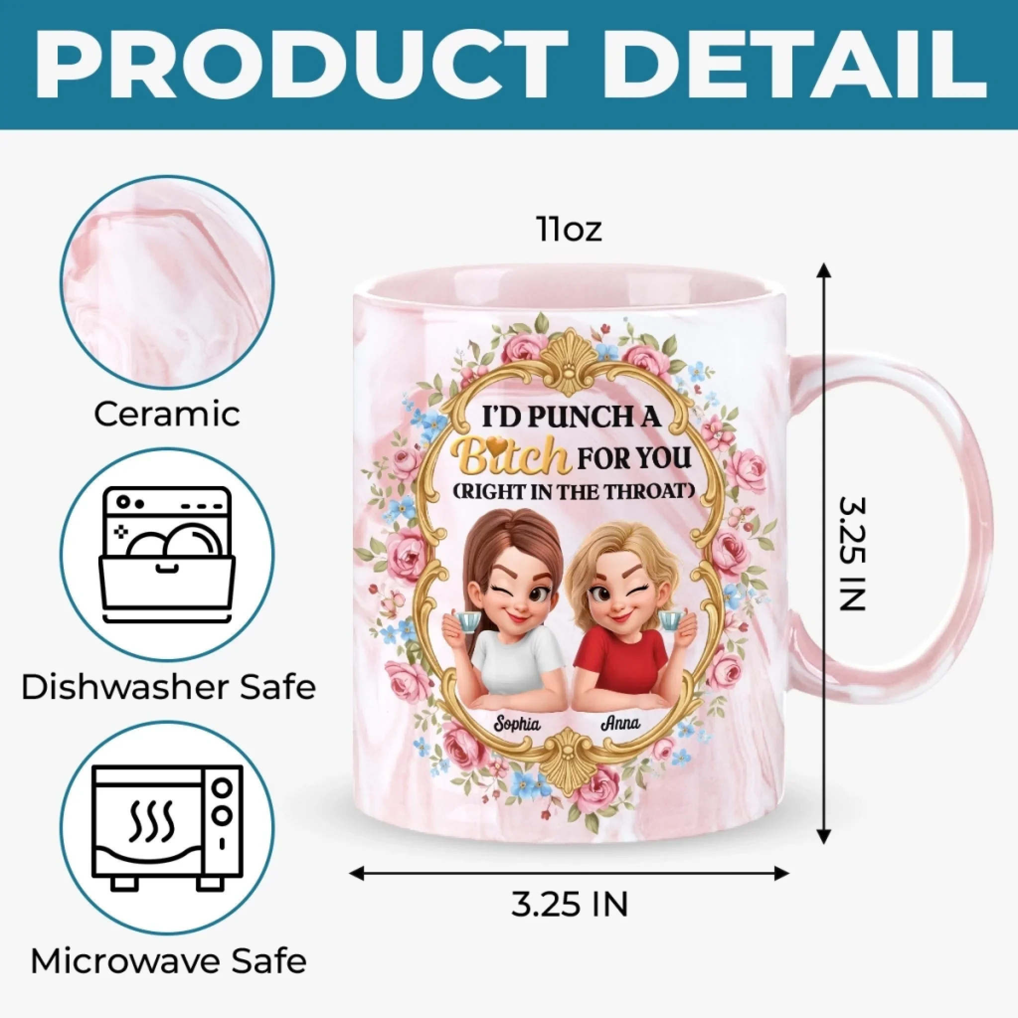 Custom 11oz Pink Marble Mug - Personalized Best Friend Birthday Gifts For Women, Besties, Sisters, BFF - Congrat On Being My Besties - Image 5