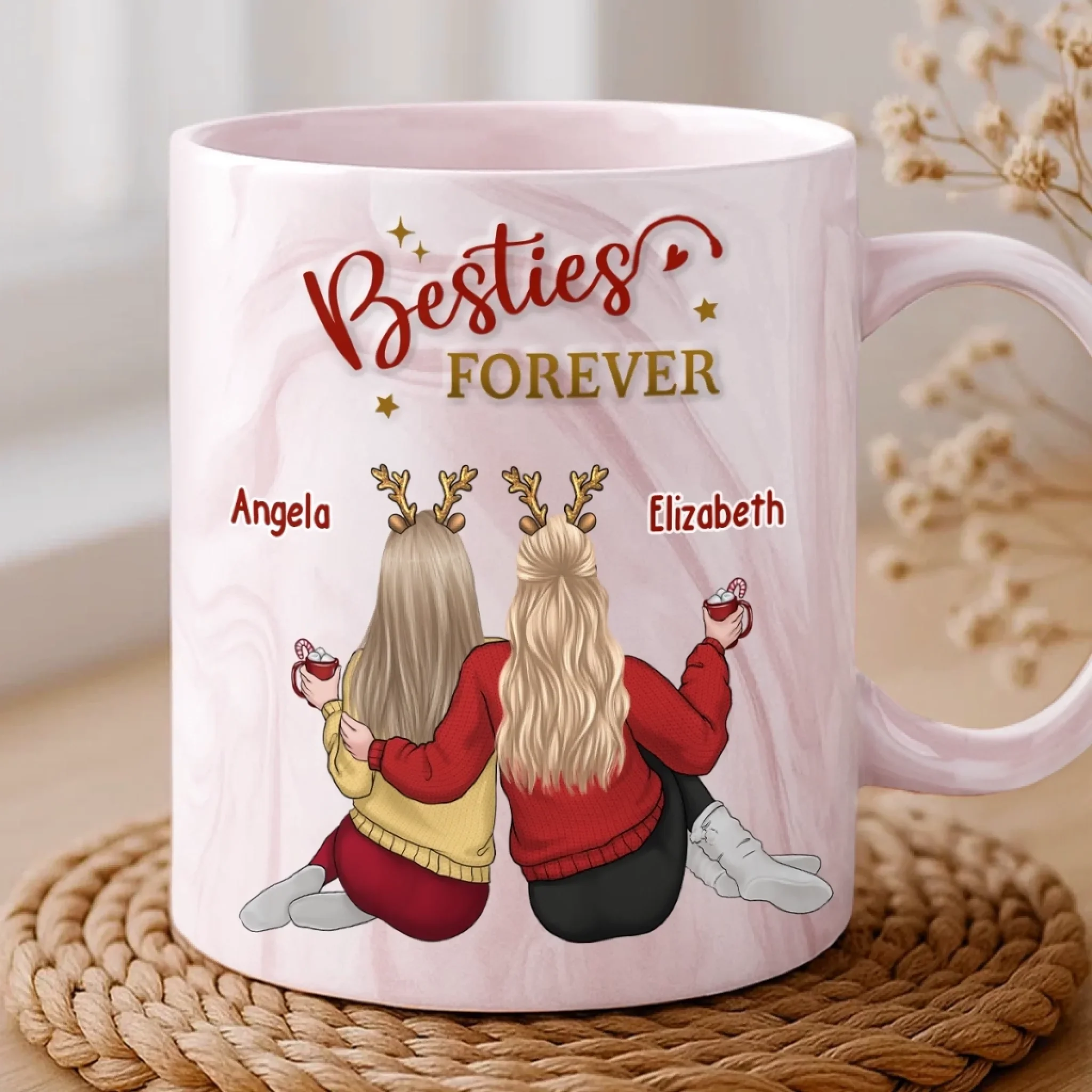 Custom 11oz Pink Marble Mug - Personalized Best Friend Birthday Gifts For Women, Besties, Sisters, BFF - Laughing Through Every Chapter - Image 3