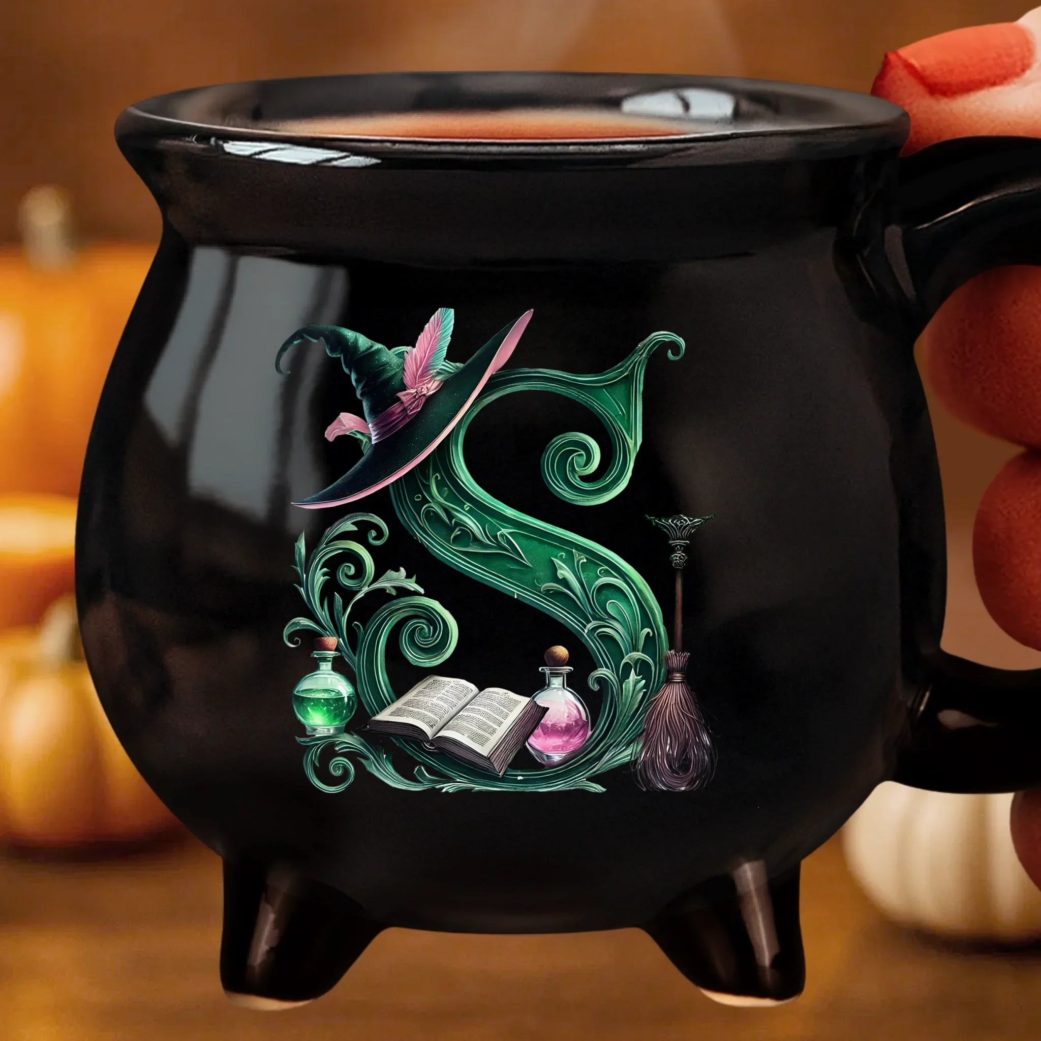 Custom 12oz Ceramic Cauldron Coffee Mug - Personalized Halloween Witchy Gifts For Besties, Sisters, BFF, Family, Yourself - Just A Witch, Sipping On Trouble - Image 2