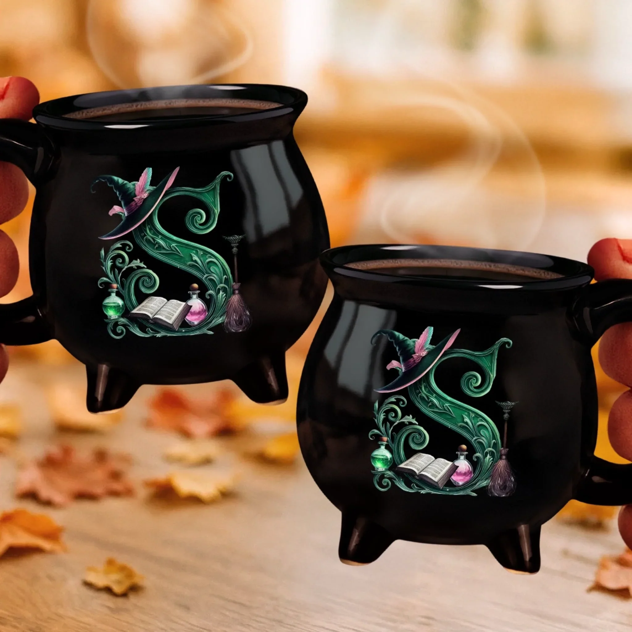 Custom 12oz Ceramic Cauldron Coffee Mug - Personalized Halloween Witchy Gifts For Besties, Sisters, BFF, Family, Yourself - Just A Witch, Sipping On Trouble - Image 5
