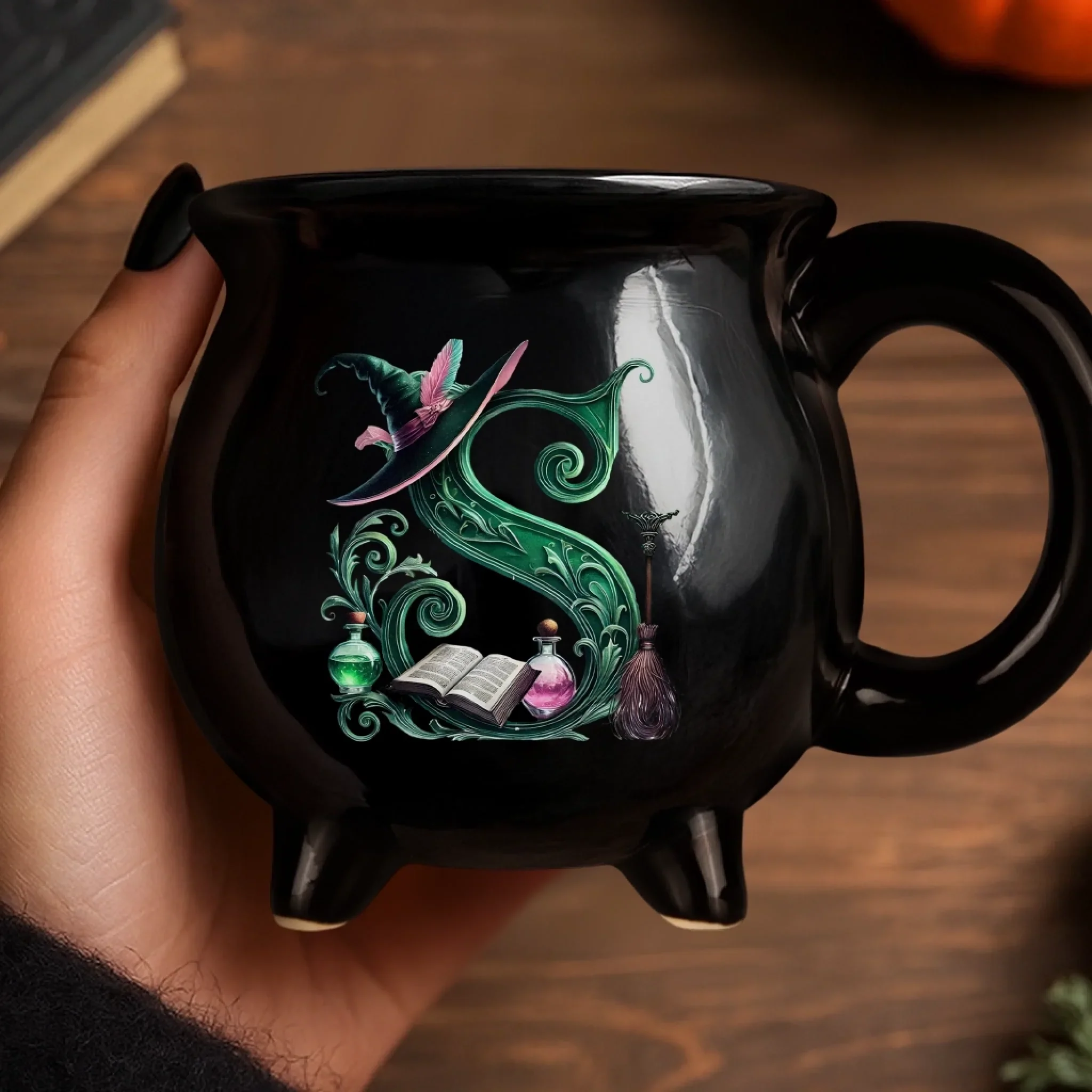 Custom 12oz Ceramic Cauldron Coffee Mug - Personalized Halloween Witchy Gifts For Besties, Sisters, BFF, Family, Yourself - Just A Witch, Sipping On Trouble - Image 7
