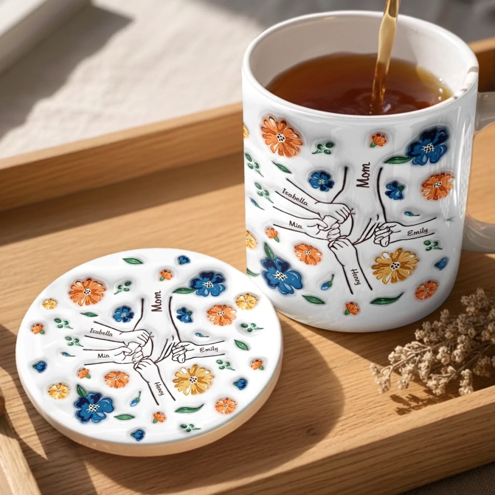Custom 3D Inflated Effect Printed Mug And Coaster Set - Personalized Mother's Day Birthday Gifts For Mom, Grandma - Her Love, Forever In Our Hands - Image 3