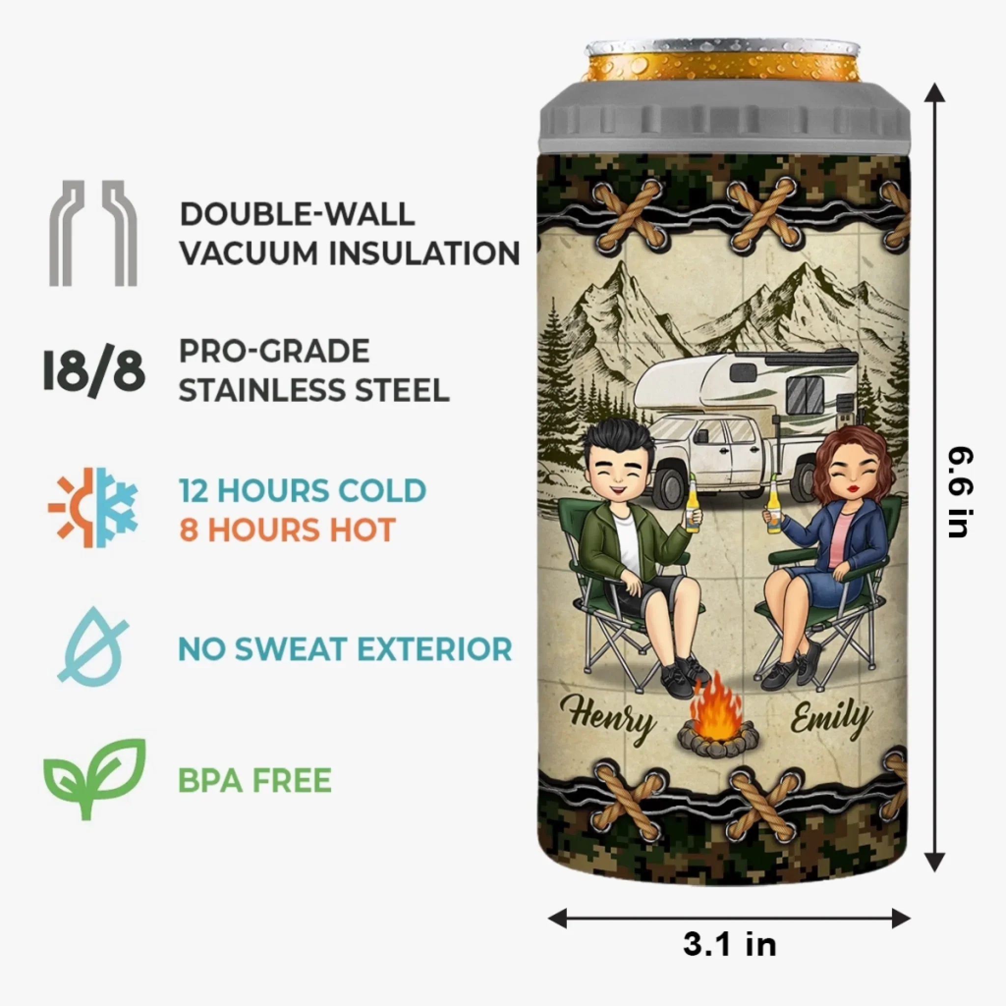 Custom 4 In 1 Can Cooler Tumbler - Personalized Birthday Camping Gifts For Campers, Husband And Wife, Him And Her - Camp Life, Couple Vibes - Image 5