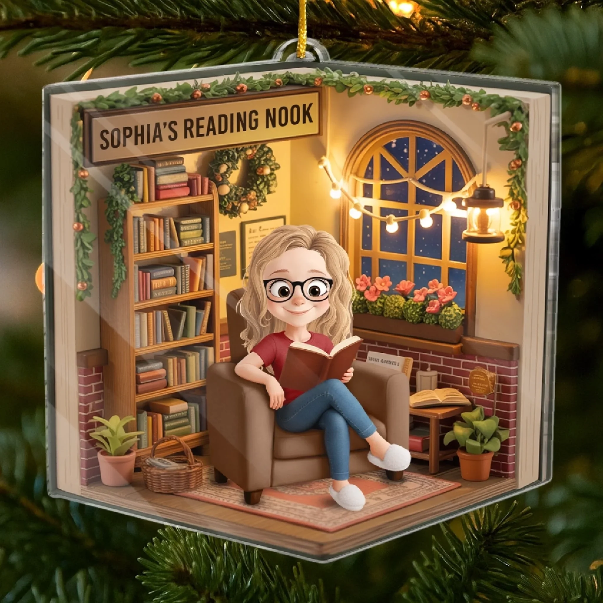 Custom Acrylic Ornament - Personalized Christmas Bookish Gifts For Book Lovers, Bookworms, Readers - This Nook Is My Happy Chapter