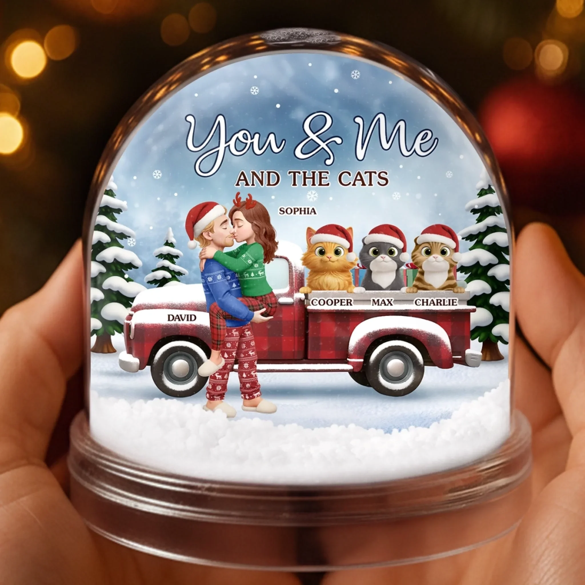 Custom Acrylic Snow Globe - Personalized Anniversary Christmas Wedding Gifts For Husband And Wife, Gifts For Cat Lovers, Cat Mom And Dad - You Me And The Cat - Image 3