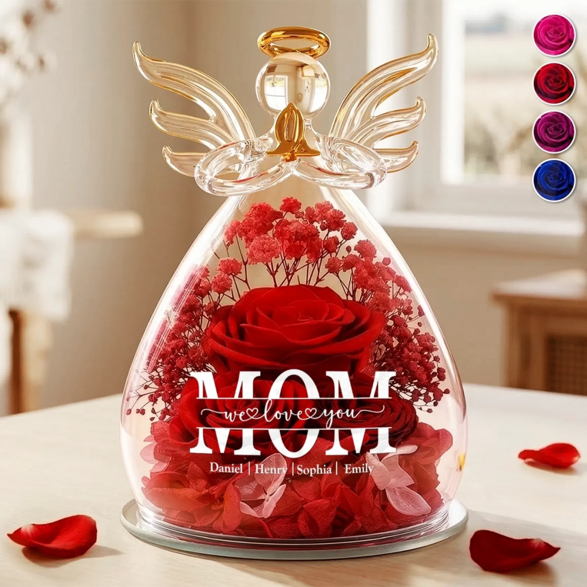 Custom Angel Dome With Preserved Flowers - Personalized Mother's Day Birthday Gifts For Mom, Grandma - Mom Love Always Shines - Image 2