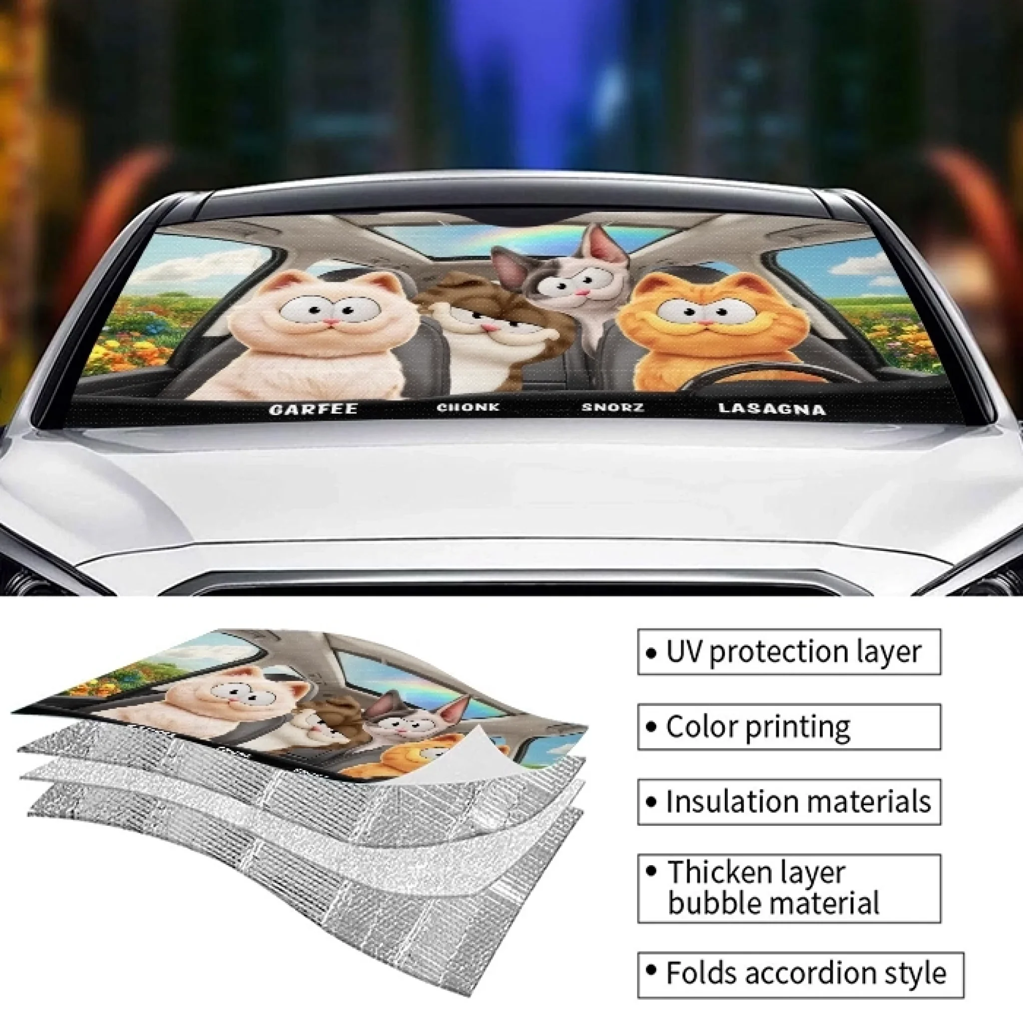 Custom Auto Windshield Sunshade, Car Window Protector - Personalized Summer Vacation And Travel Gifts For Cat Lovers, Cat Mom And Dad - Road Trips With My Furry Crew - Image 4