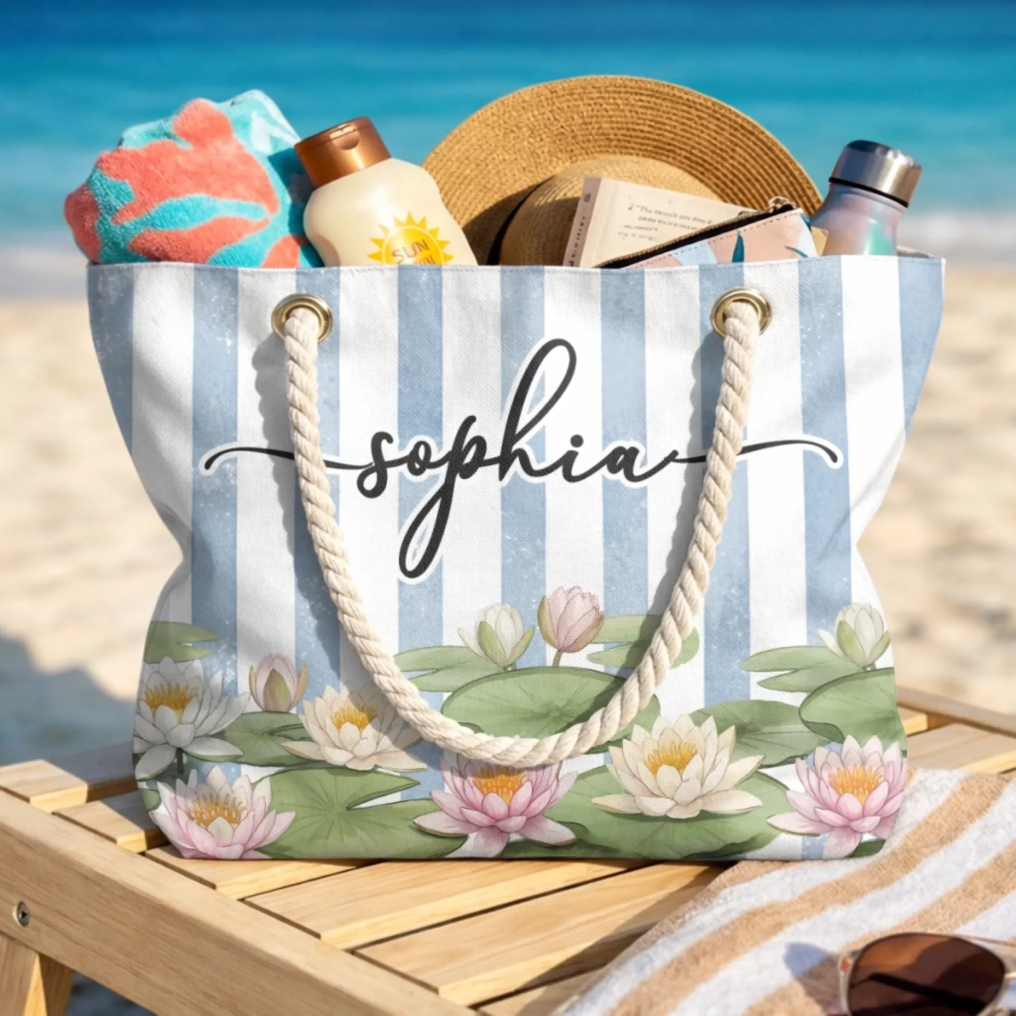 Custom Beach Bag - Personalized Summer Vacation And Travel Gifts For Best Friends, Family - Good Vibes Happen On The Tide - Image 2