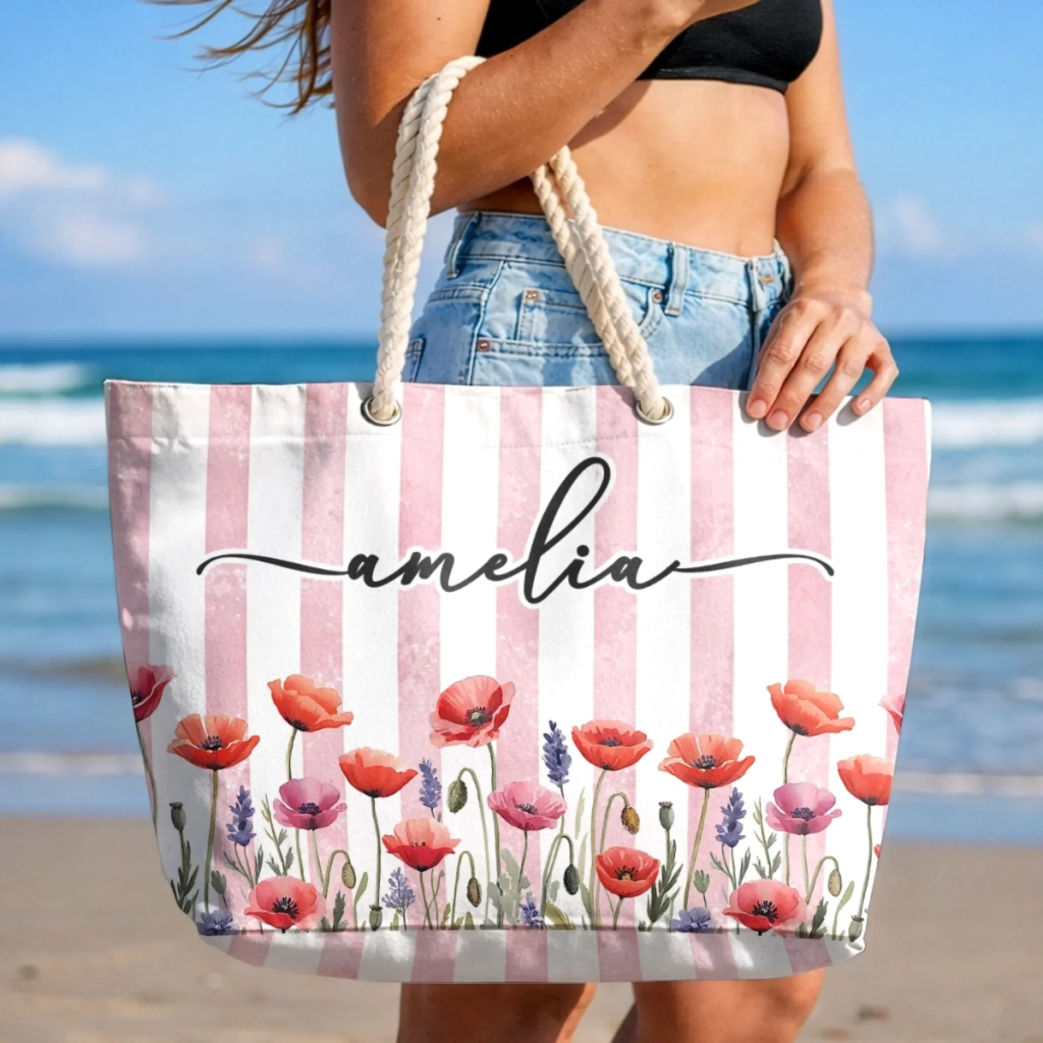 Custom Beach Bag - Personalized Summer Vacation And Travel Gifts For Best Friends, Family - Good Vibes Happen On The Tide - Image 4