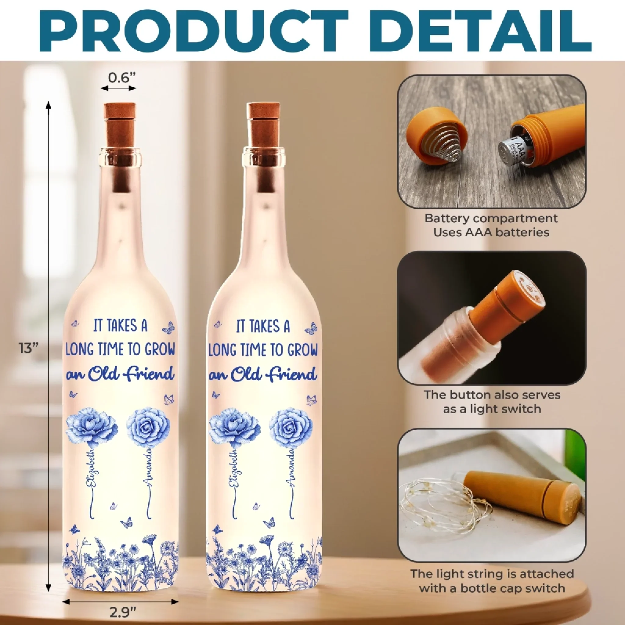 Custom Bottle Lamp - Personalized Best Friend Birthday Gifts For Women - A True Friend Is A Treasure - Image 5