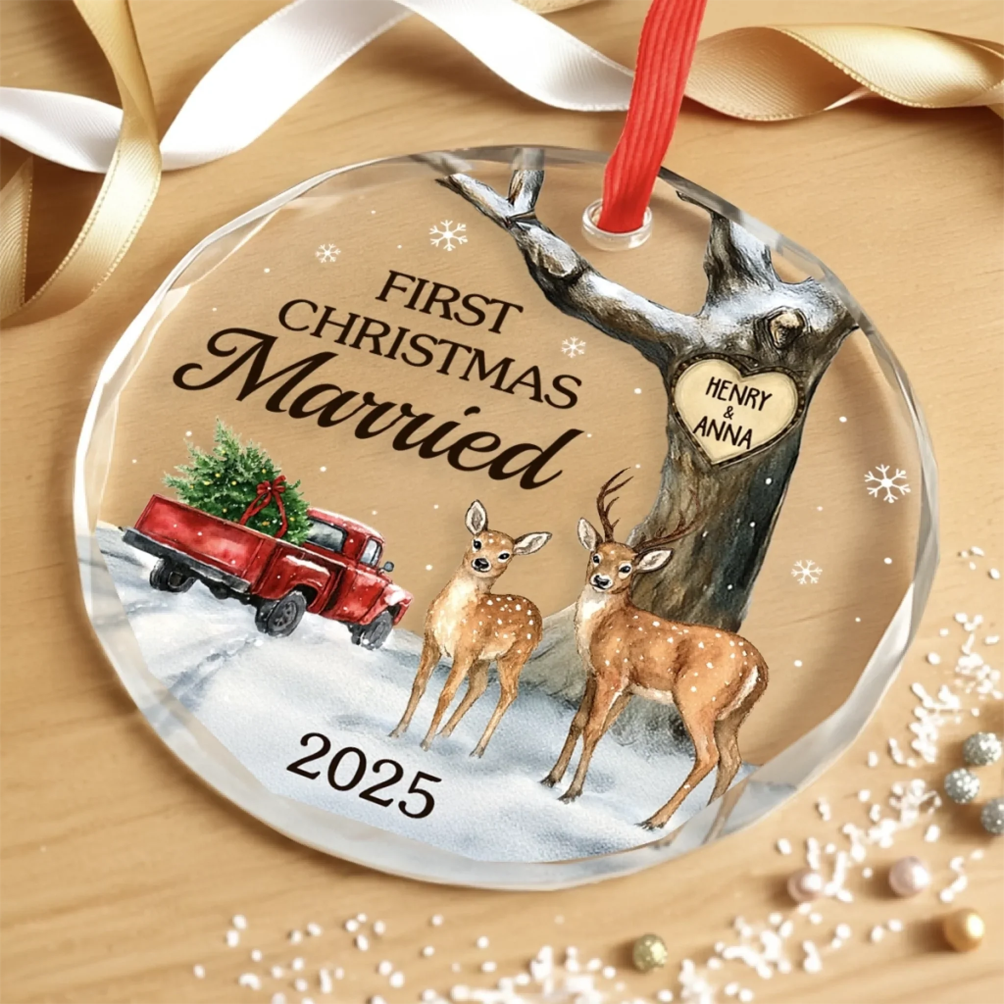 Custom Circle Glass Ornament - Personalized Anniversary Christmas Wedding Gifts For Husband And Wife, Him And Her - Our Forever Starts With Twinkling Lights - Image 3