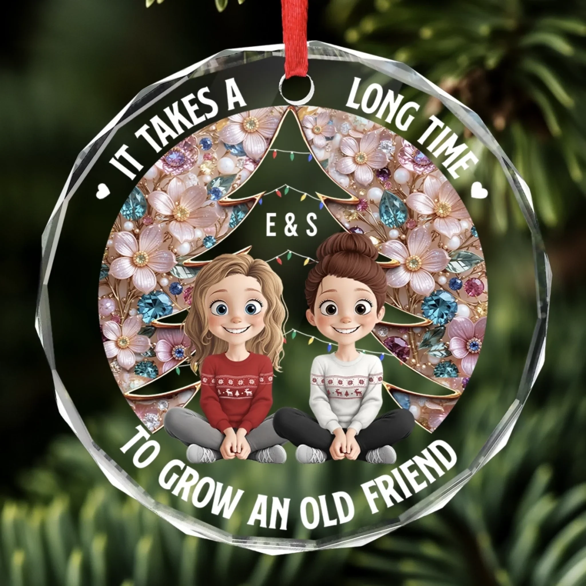 Custom Circle Glass Ornament - Personalized Christmas Best Friend Birthday Gifts For Women, Besties, Sisters, BFF - Old Friends Flourish With Time - Image 3