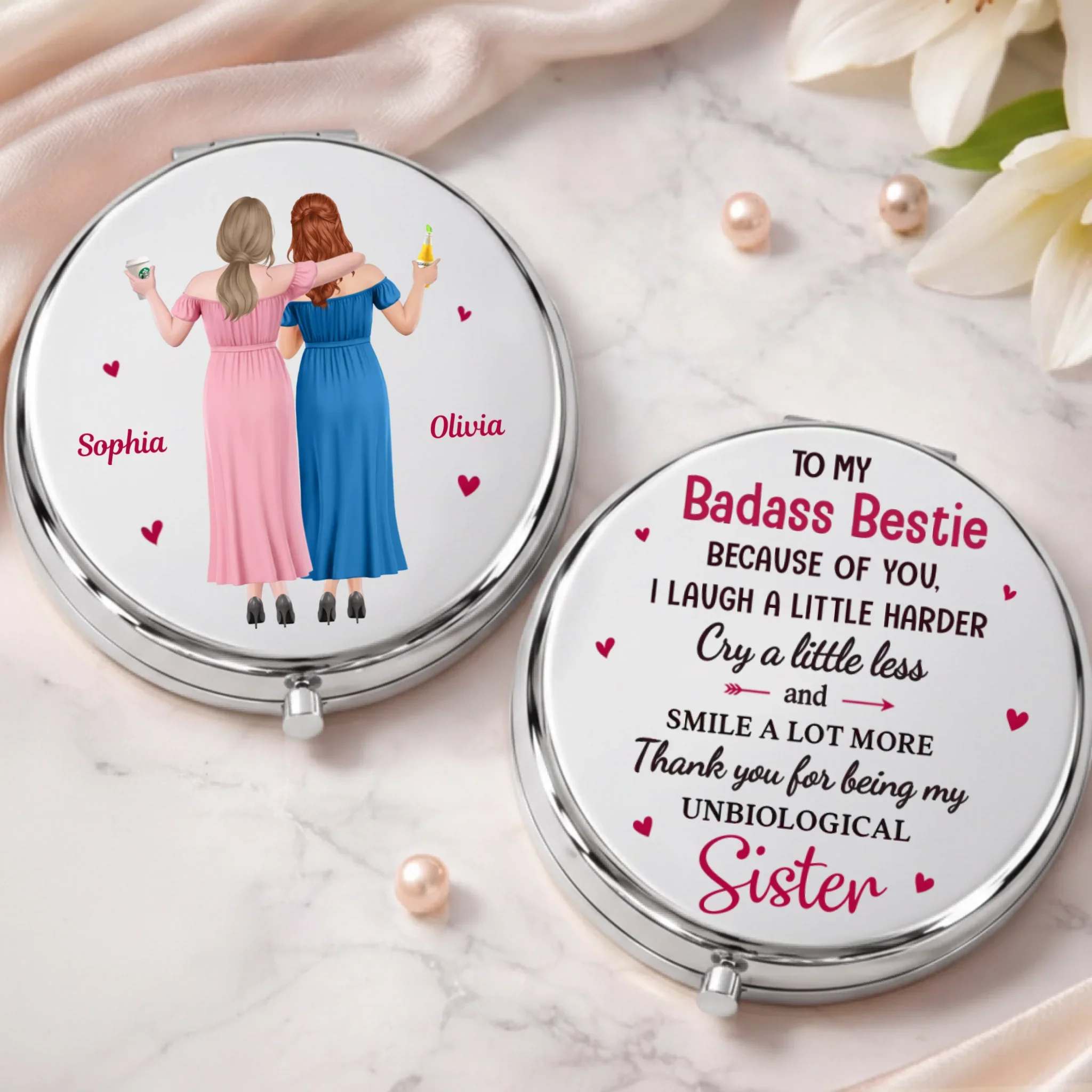 Custom Compact Mirror - Personalized Best Friend Birthday Gifts For Women, Besties, Sisters, BFF - Sisters Always By My Side - Image 2