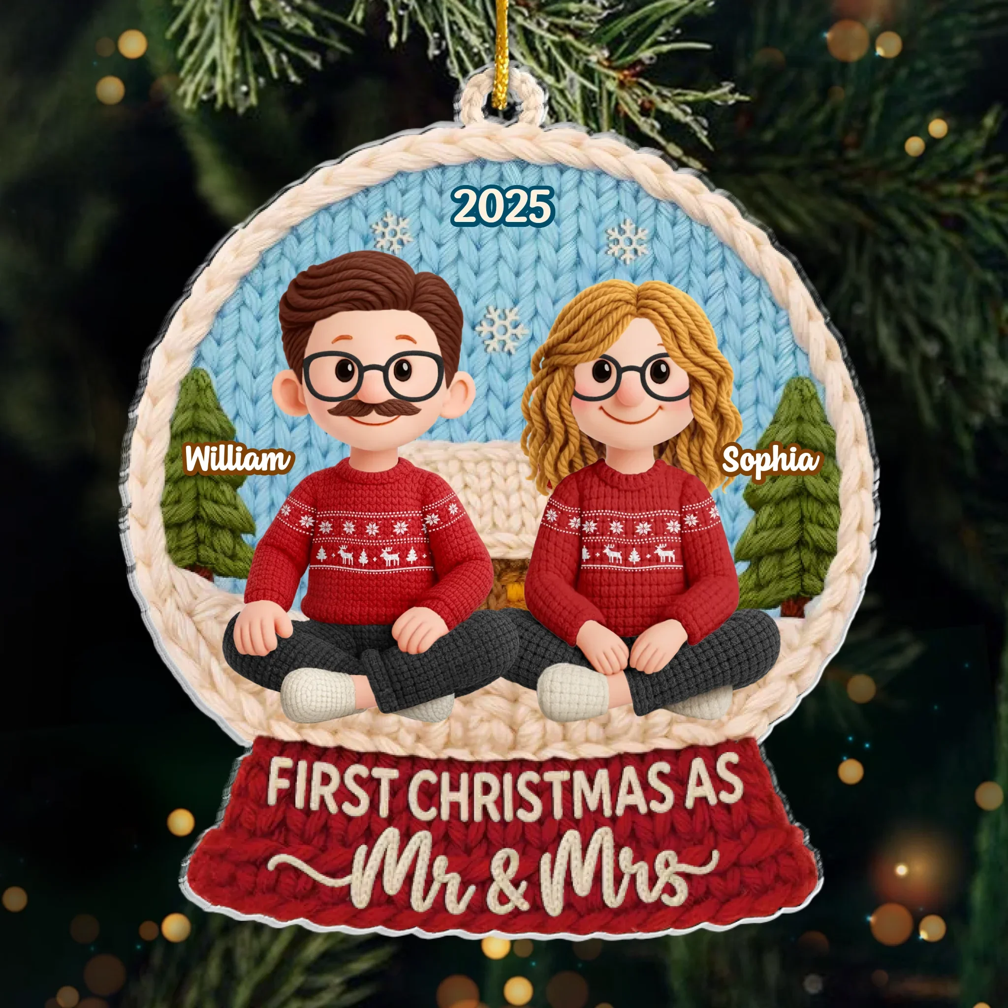 Custom Crochet Acrylic Ornament - Personalized Anniversary Christmas Wedding Gifts For Husband And Wife, Him And Her - Crochet Couple, Christmas Cuddle - Image 2