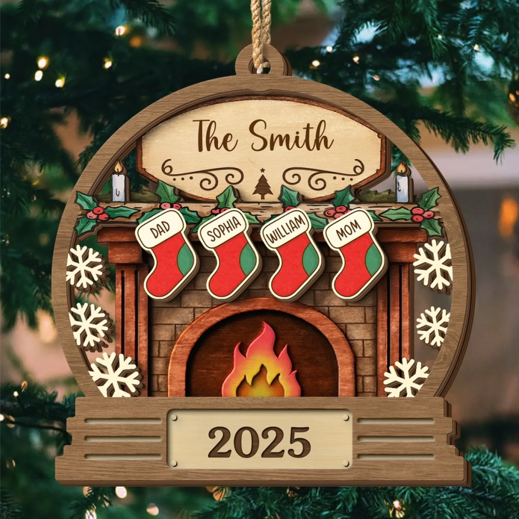 Custom Double Layer Wooden Ornament - Personalized Christmas Birthday Gifts For Mom, Dad, Kids - Love Wrapped In Stockings