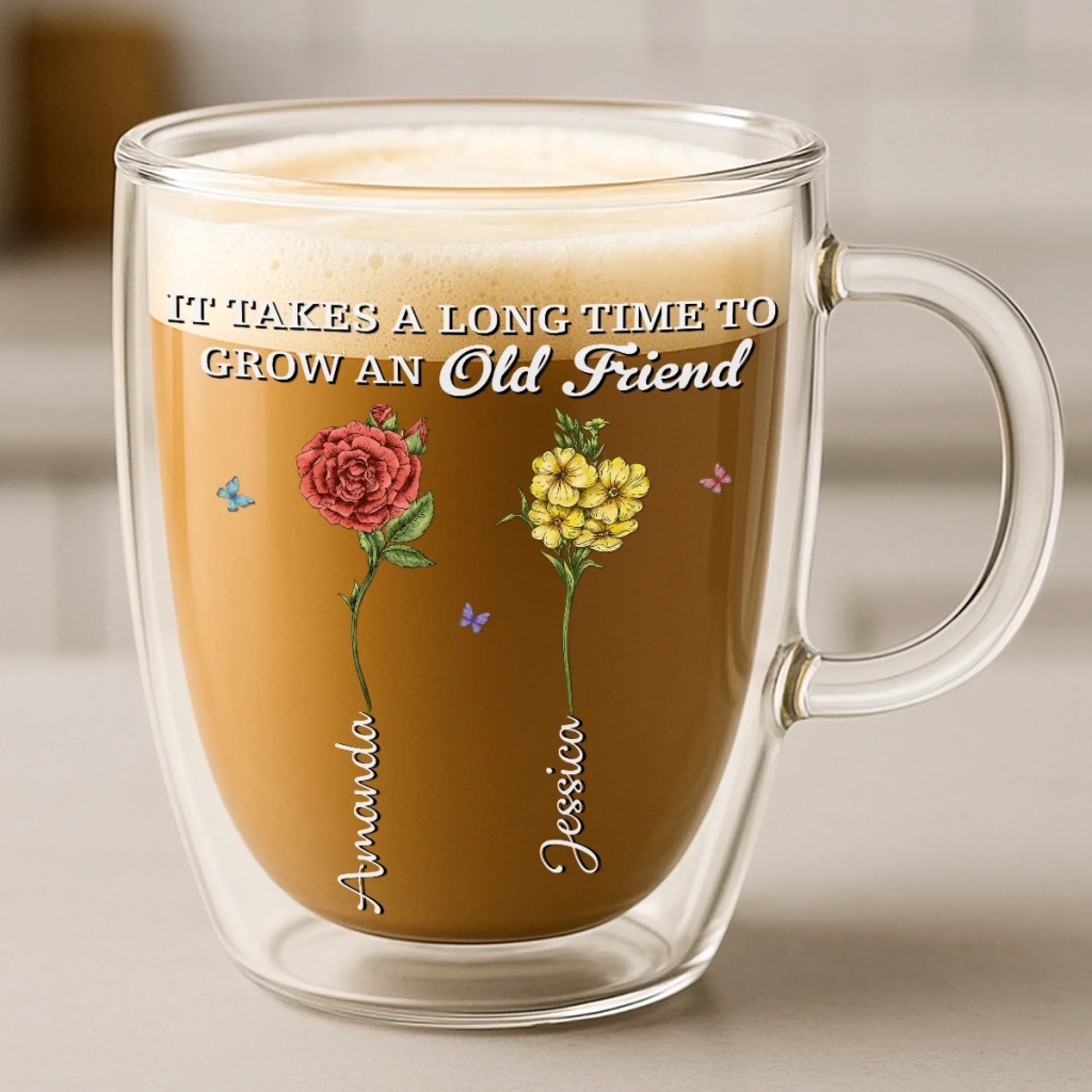 Custom Double Wall Glass Mug - Personalized Best Friend Birthday Gifts For Women - It Takes A Long Time To Grow An Old Friend