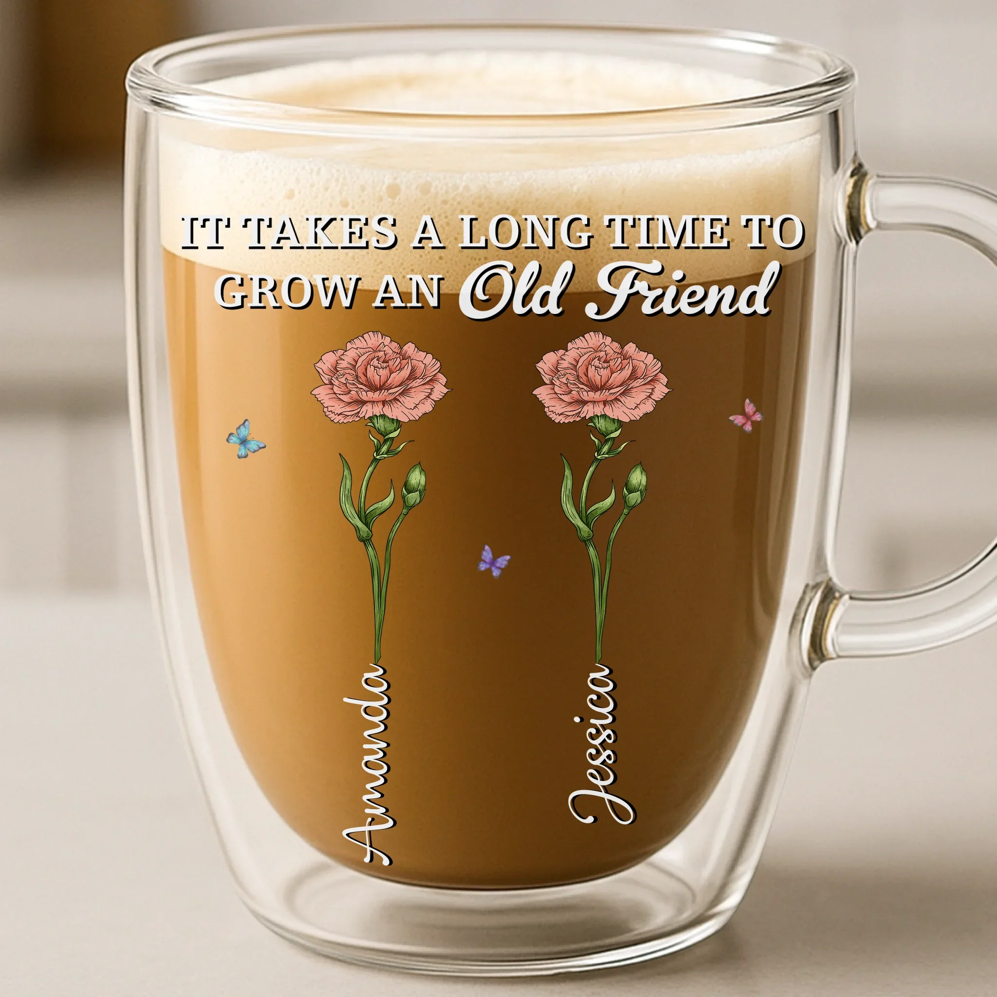 Custom Double Wall Glass Mug - Personalized Best Friend Birthday Gifts For Women - It Takes A Long Time To Grow An Old Friend - Image 2