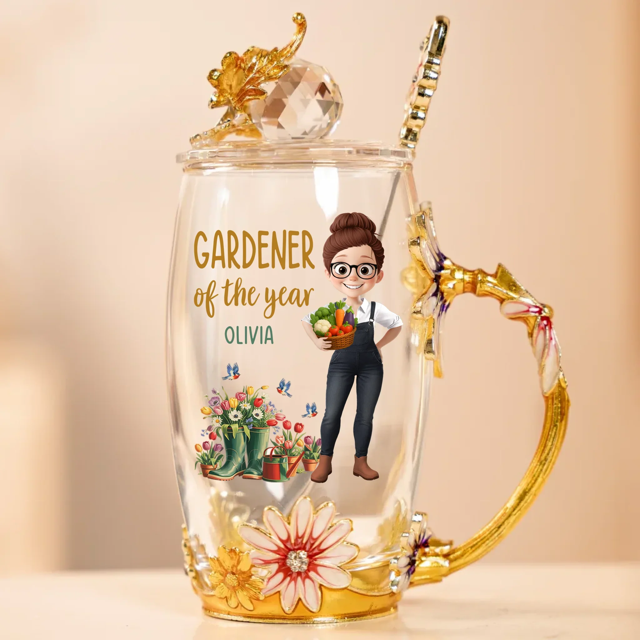 Custom Enamel Flower Tea Cup With Lid & Spoon - Personalized Garden Gifts For Gardeners - Life’s Better In The Garden - Image 2