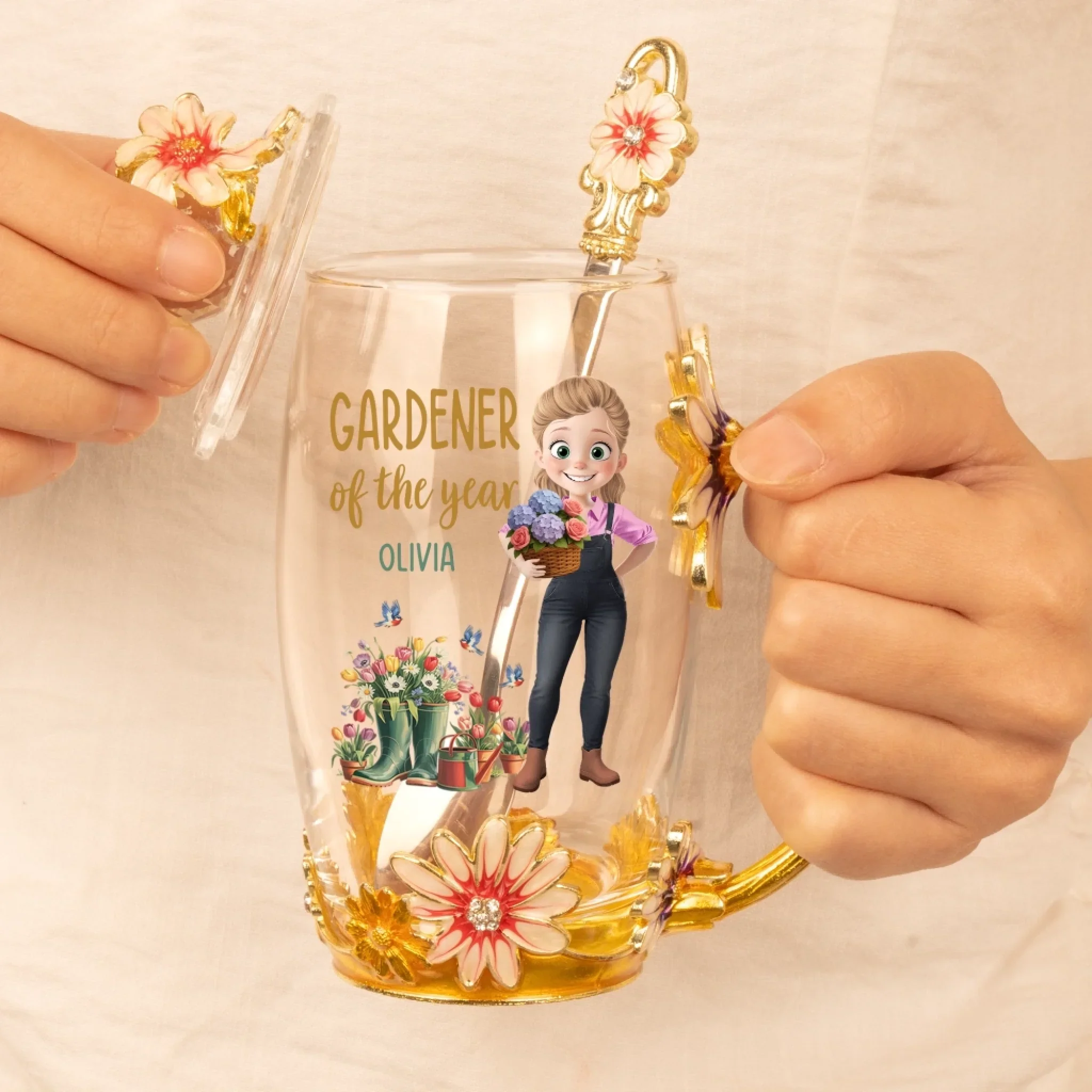 Custom Enamel Flower Tea Cup With Lid & Spoon - Personalized Garden Gifts For Gardeners - Life’s Better In The Garden - Image 5