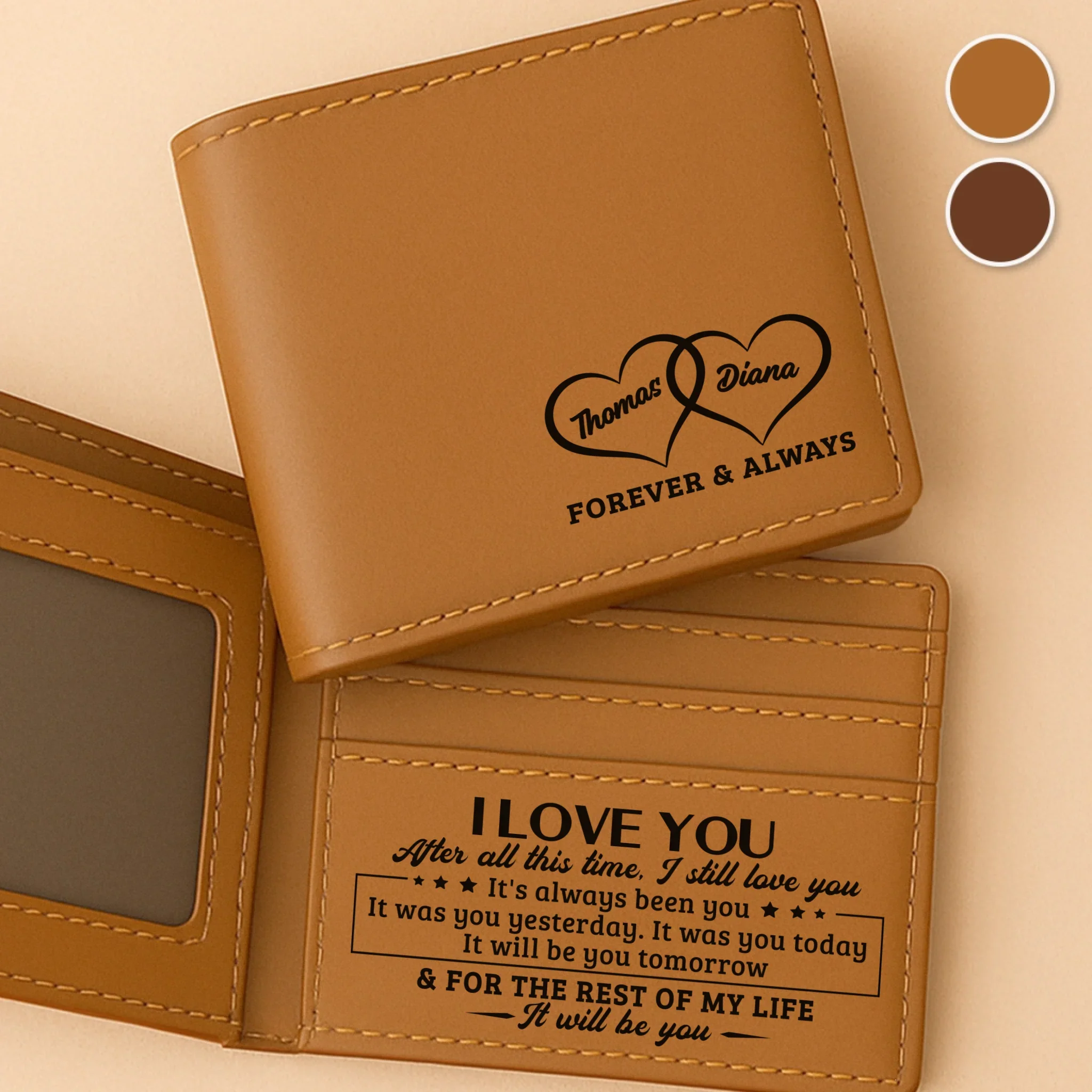 Custom Engraved Bifold Leather Wallet Two Sides - Personalized Anniversary Wedding Gifts For Husband And Wife, Him And Her - Endlessly In Love With You - Image 3