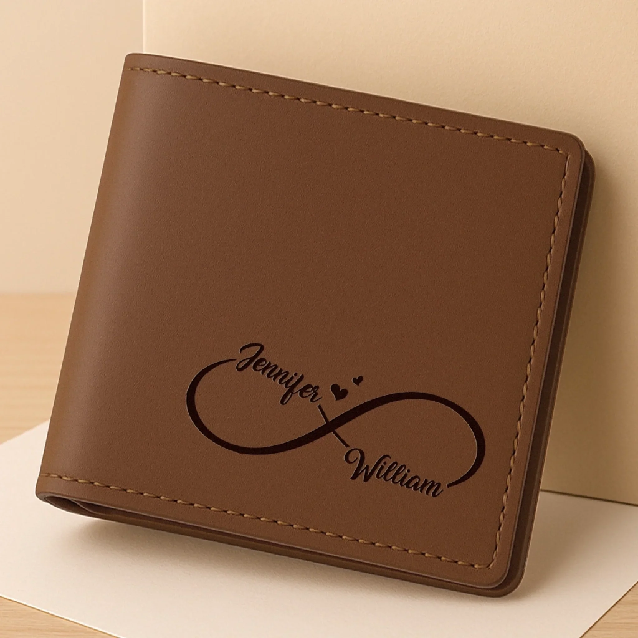 Custom Engraved Bifold Leather Wallet Two Sides - Personalized Anniversary Wedding Gifts For Husband And Wife, Him And Her - Love You Now And Always - Image 4