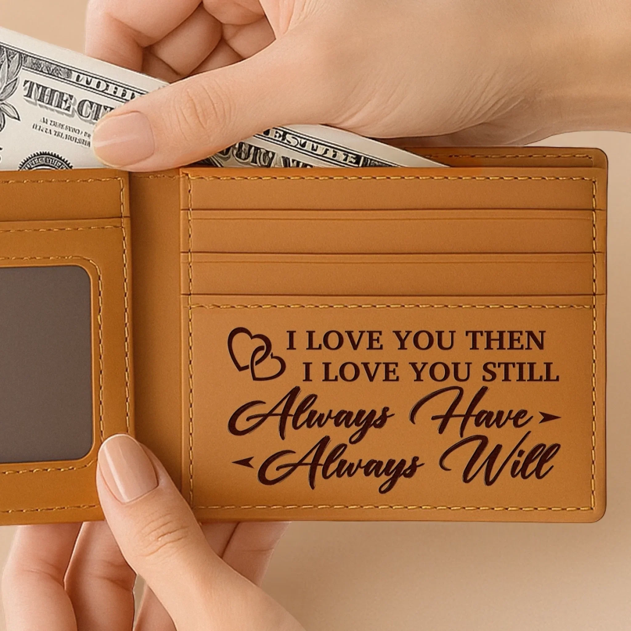 Custom Engraved Bifold Leather Wallet Two Sides - Personalized Anniversary Wedding Gifts For Husband And Wife, Him And Her - Love You Now And Always - Image 5