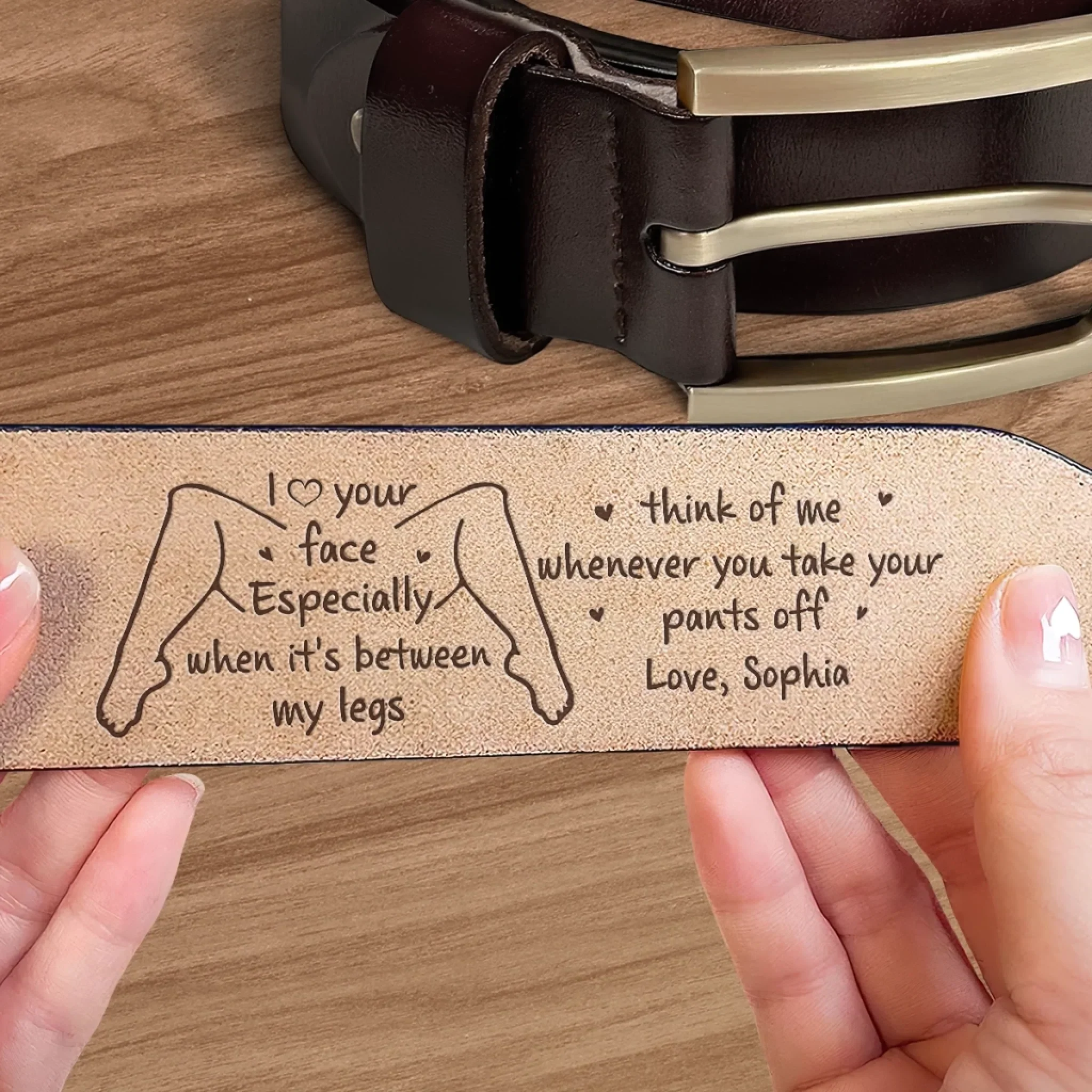 Custom Engraved Leather Belt - Personalized Anniversary Wedding Gifts For Husband And Wife, Him And Her - Our Hearts Stay Close - Image 5