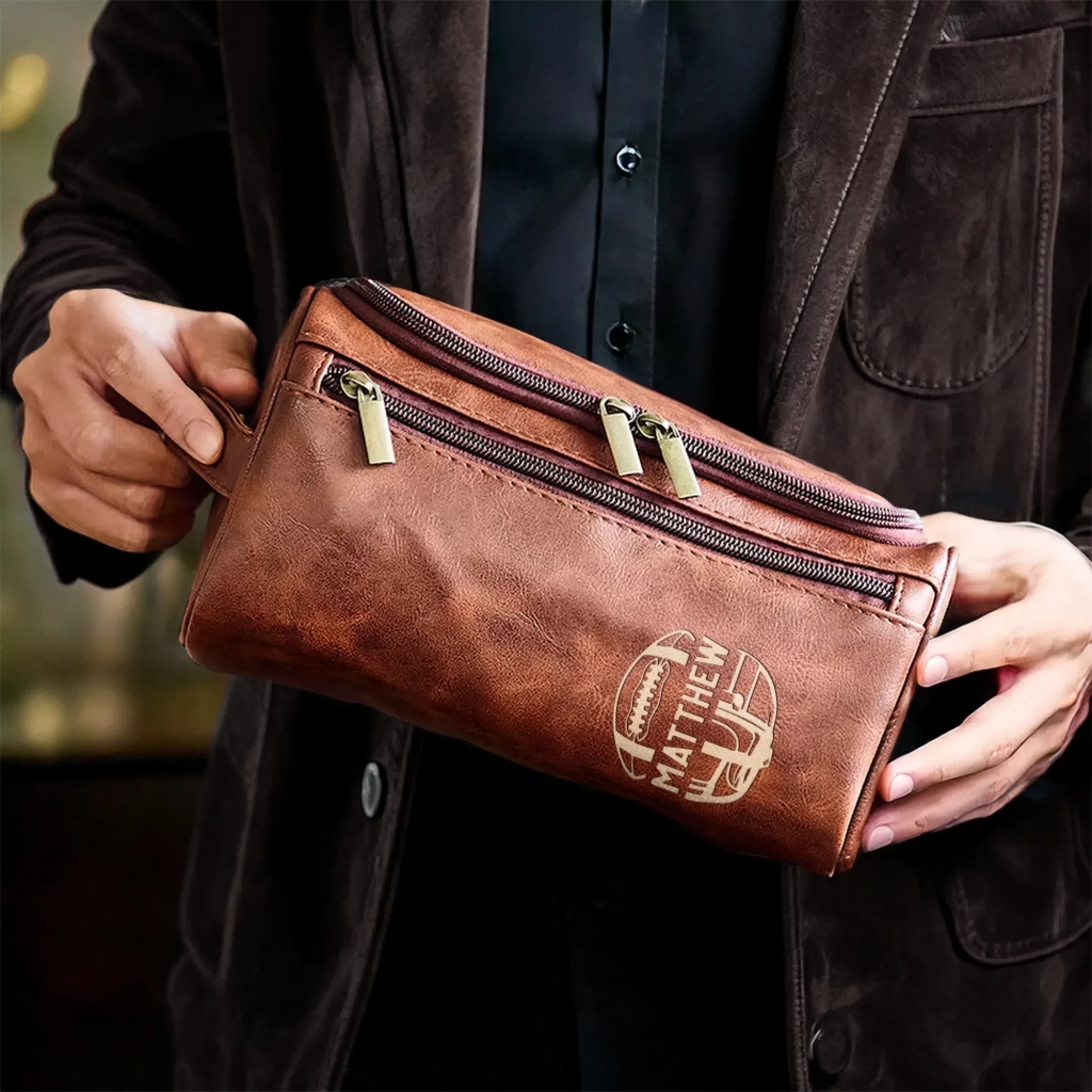 Custom Engraved Leather Toiletry Bag - Personalized  Christmas Birthday American Football Gifts For Football Lovers, Sports Fans, Sports Lovers - Keep Your Gear Game Strong - Image 8