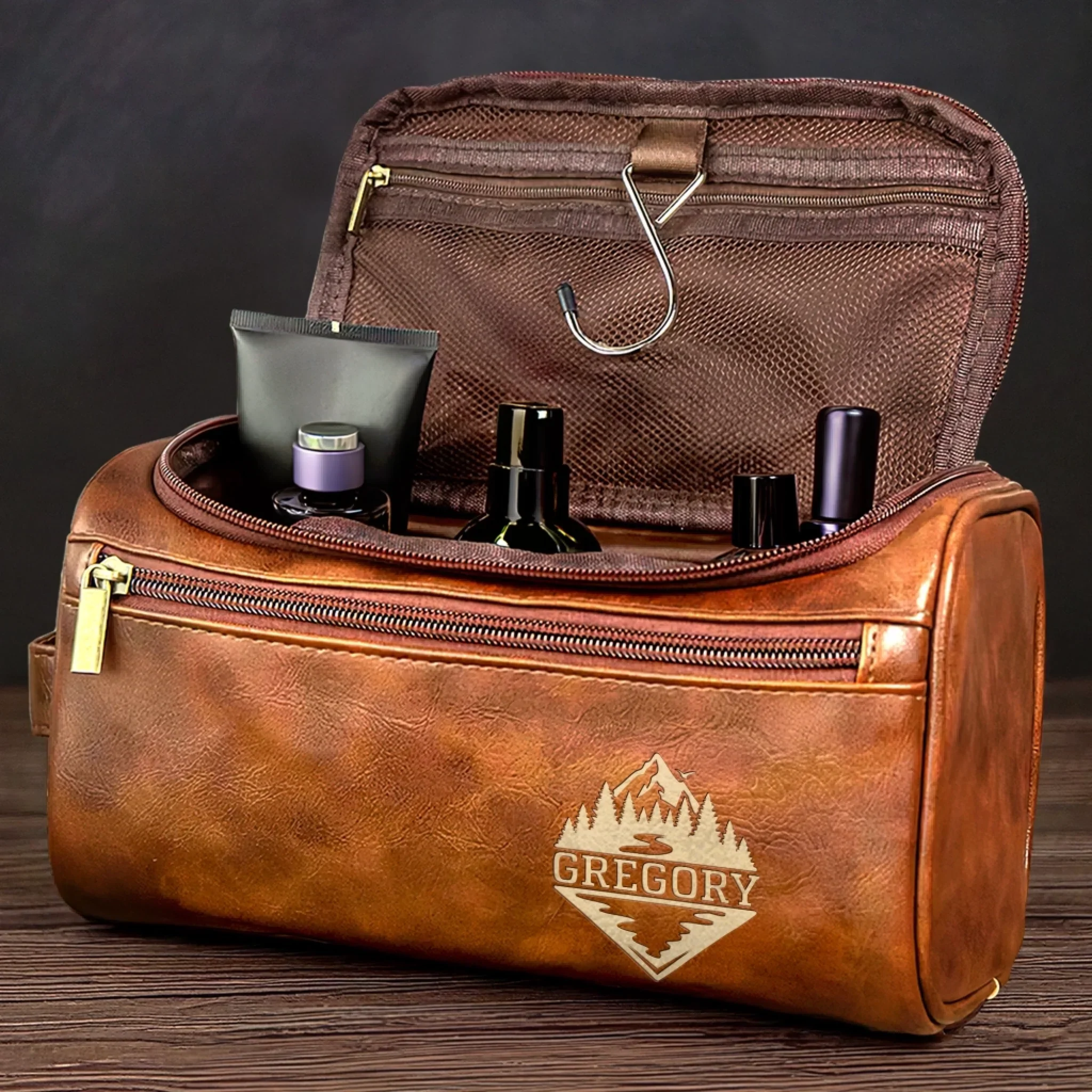 Custom Engraved Leather Toiletry Bag - Personalized Christmas Birthday Camping Gifts For Campers - Built To Last Every Journey