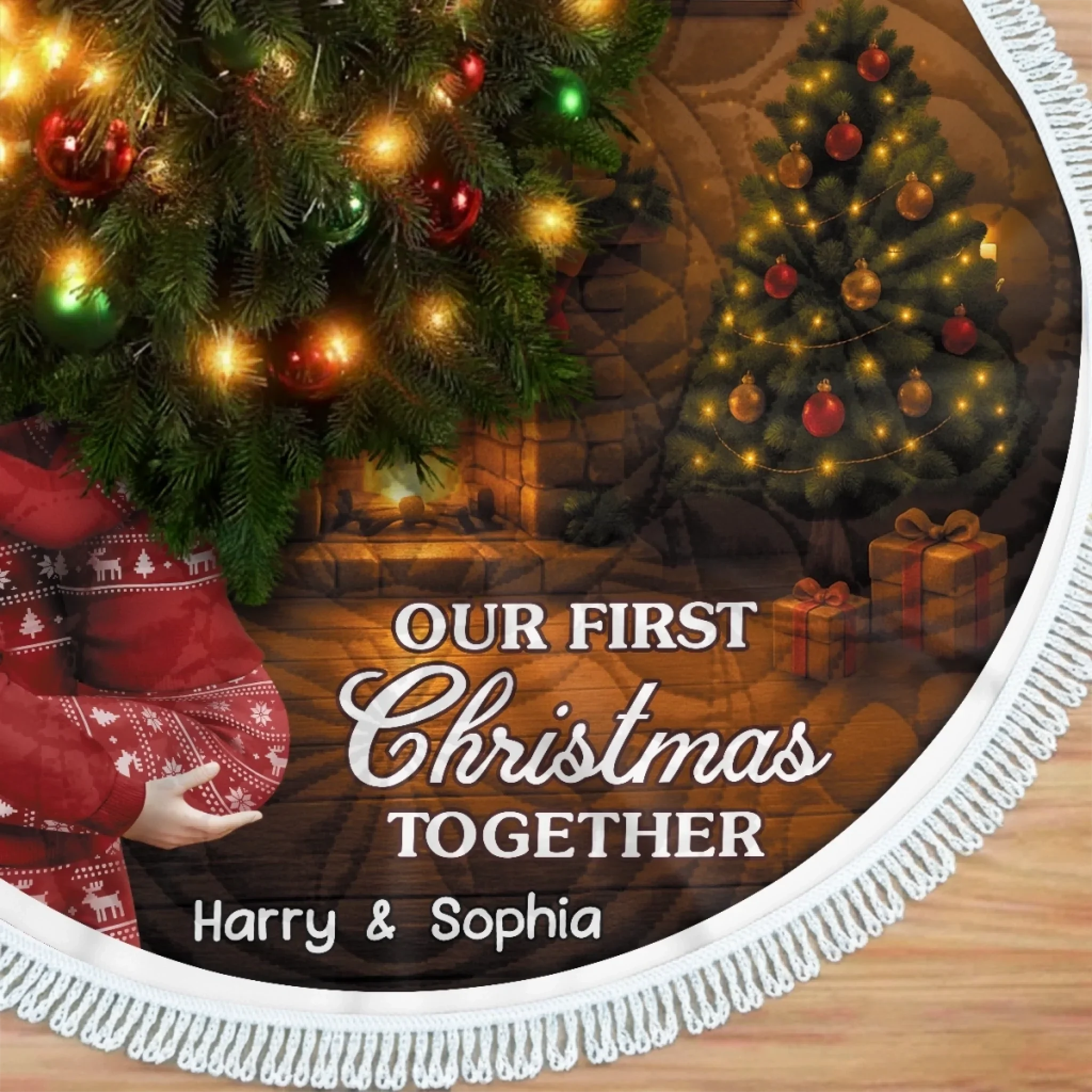 Custom First Christmas Tree Skirt - Personalized Anniversary Christmas Wedding Gifts For Husband And Wife, Him And Her - Our Love Glows Like Christmas Lights - Image 3