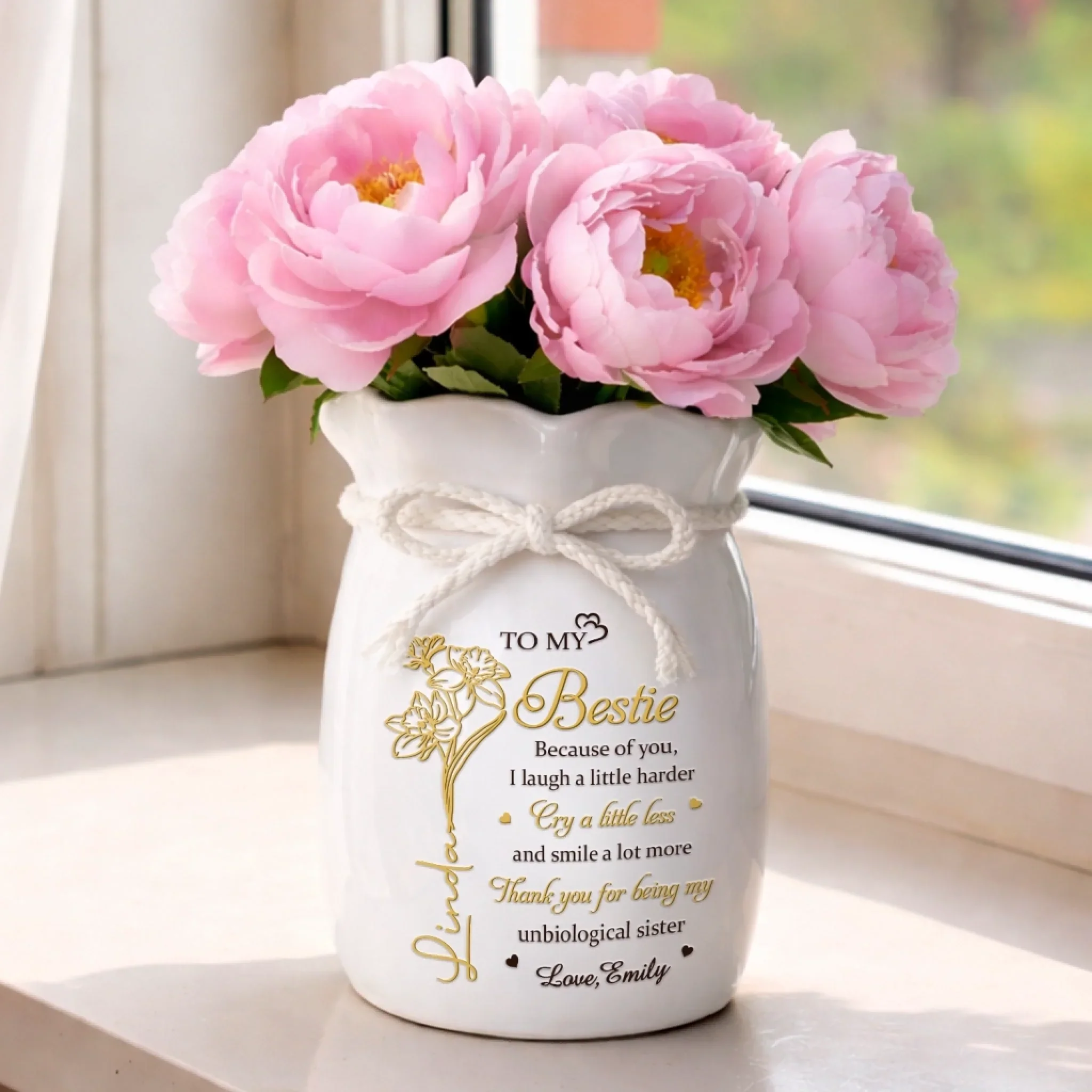 Custom Flower Vase With Ribbon - Personalized Best Friend Birthday Gifts For Women, Besties, Sisters, BFF - My Unbiological Sister Forever - Image 3